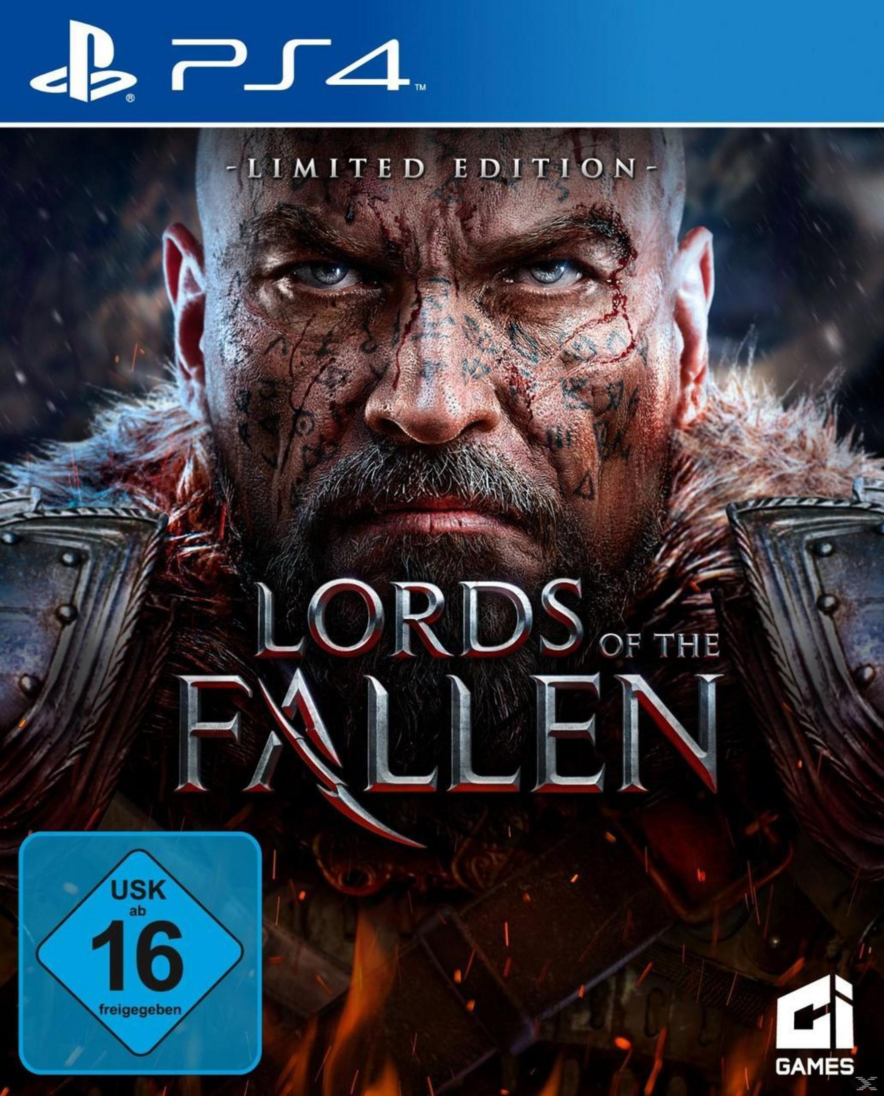 PS4-Spielcover: Nahaufnahme des Gesichts eines Mannes mit Tätowierungen und ernstem Ausdruck. Titel: Lords of the Fallen.