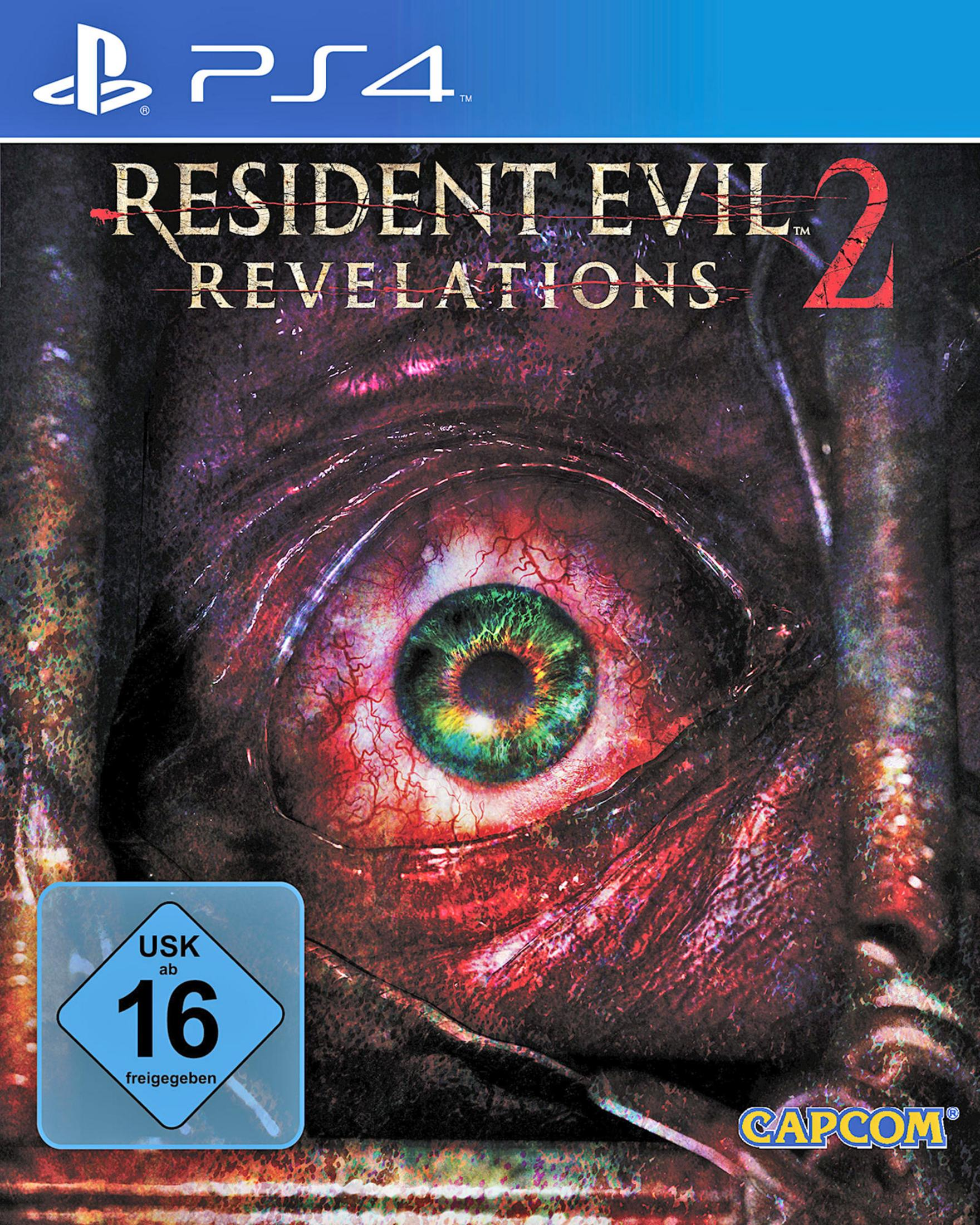 PS4-Spielcover: Nahaufnahme eines blutigen Auges. Titel: Resident Evil Revelations 2.