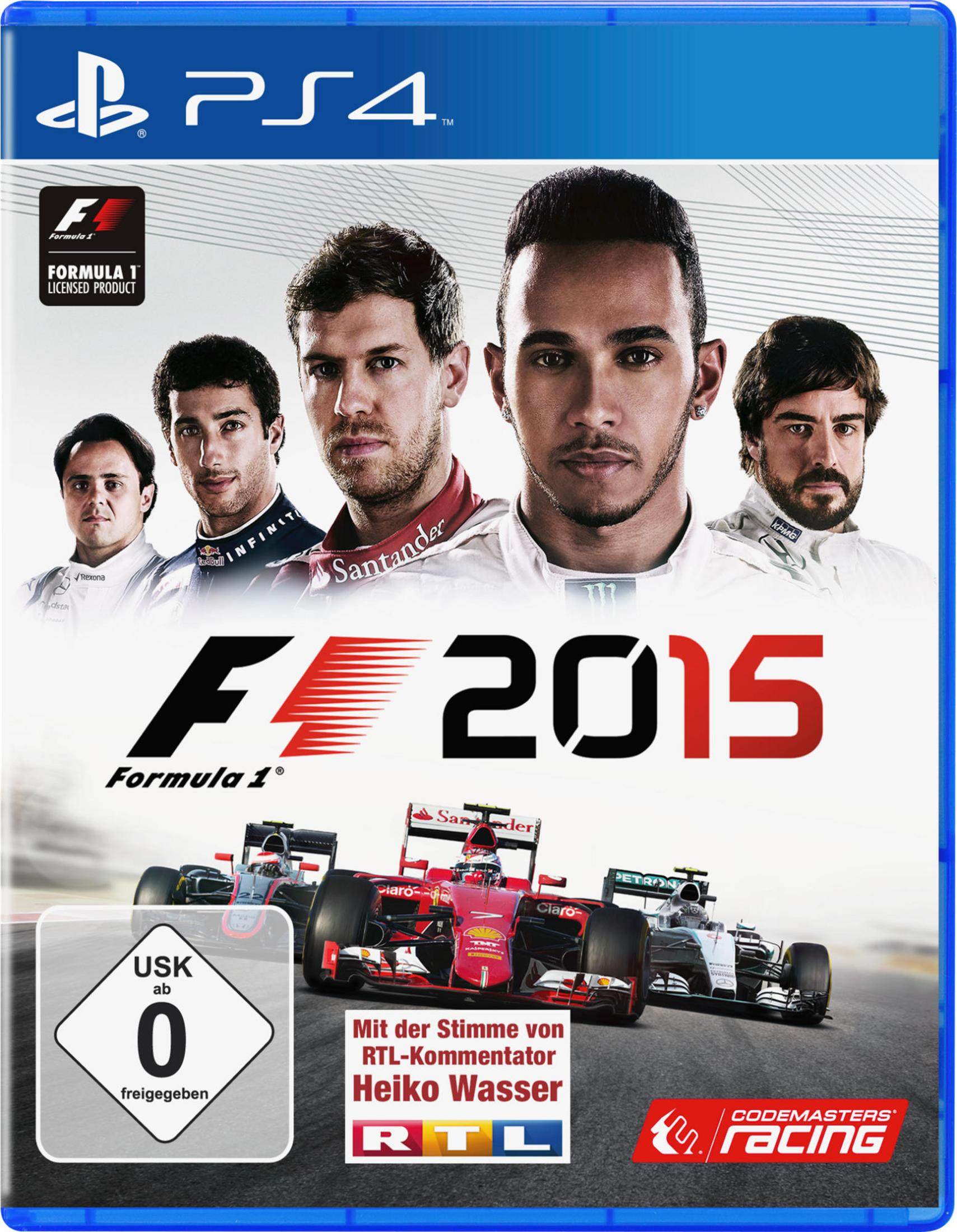 PS4-Spielcover: F1 2015 mit Rennfahrern. Autos rasen unten. Titel: Formula 1.