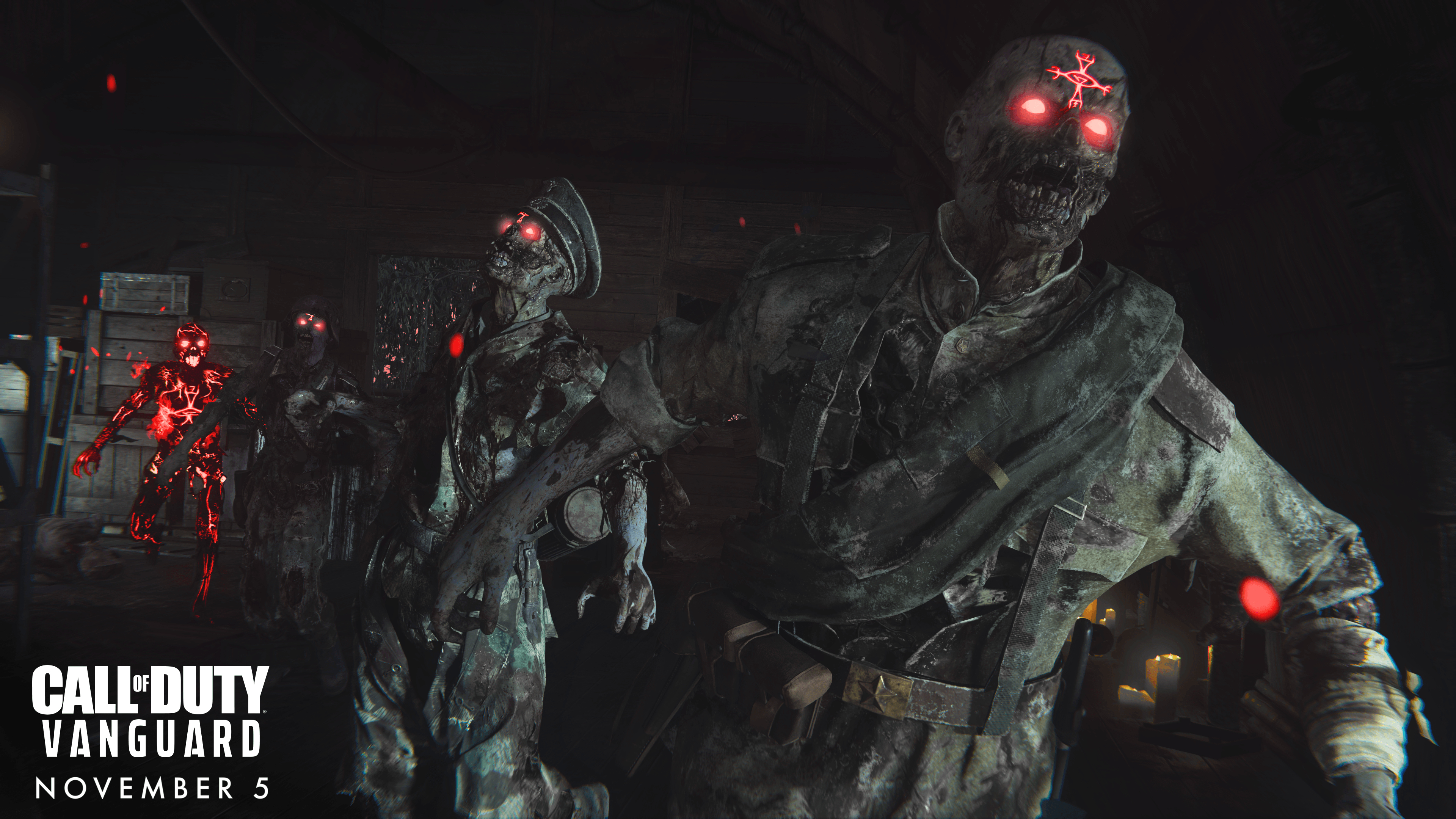 Zombi con occhi rossi incandescenti avanzano in un interno buio e scarsamente illuminato, con il titolo del gioco in basso.