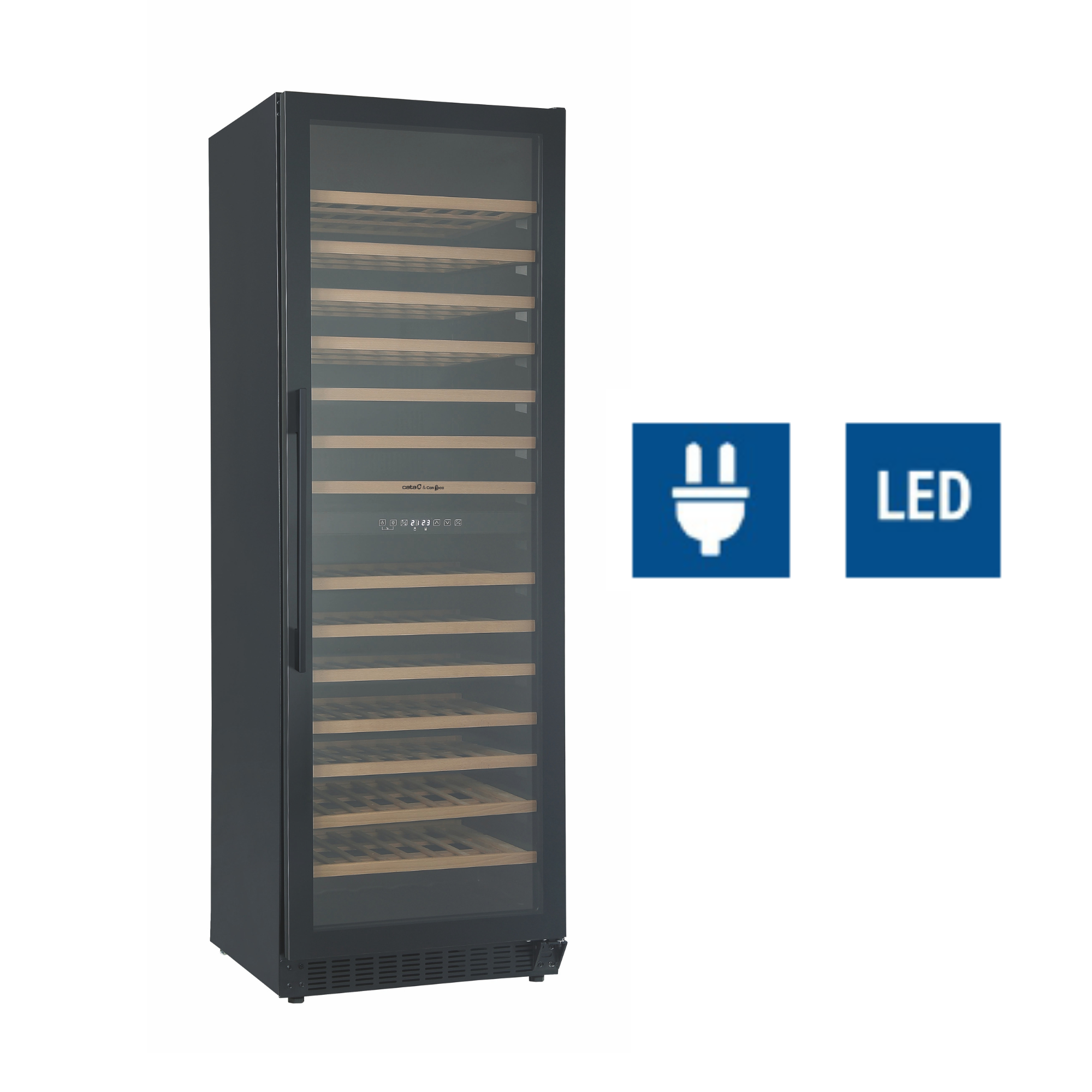 Vinoteca negra con puerta de cristal, mostrando símbolos de energía y LED.