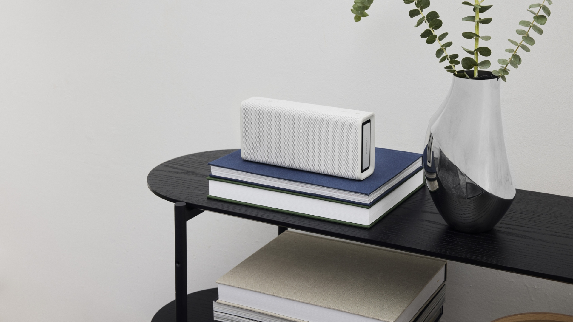 Un altoparlante bianco sui libri, con un vaso di verde su un tavolino nero.