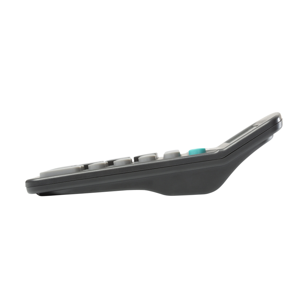 Kalkulator z boku. Ciemnoszare i jasnoszare przyciski oraz turkusowy przycisk. Białe tło.