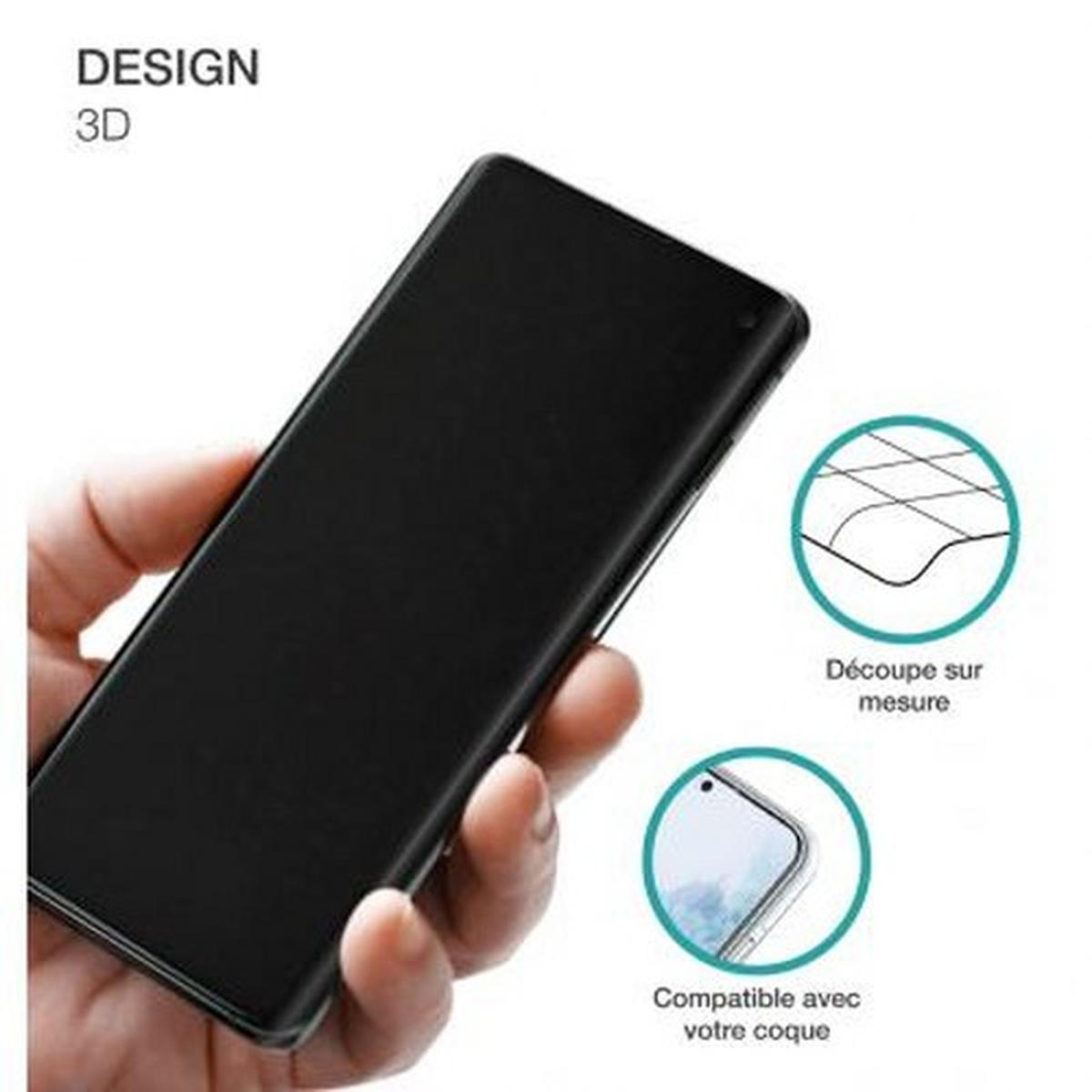 Une main tient une coque de téléphone noire. Diagrammes montrent le design et la compatibilité.