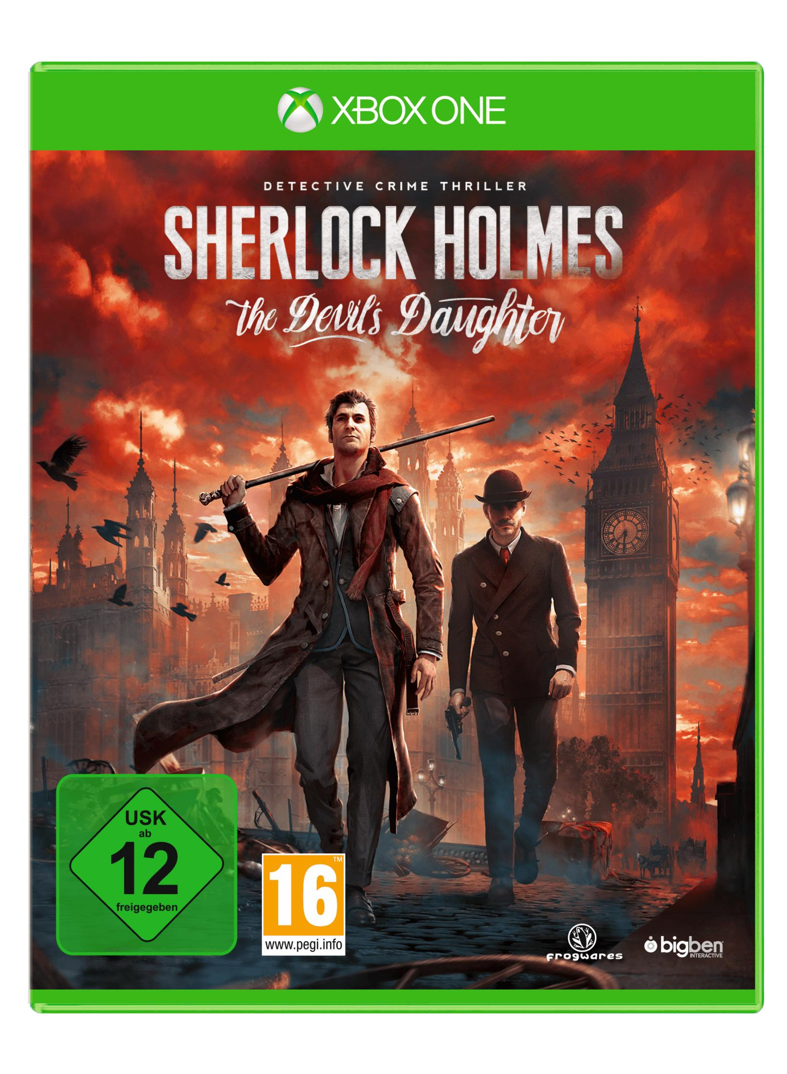 Spielcover von Sherlock Holmes: The Devil's Daughter. Zwei Männer stehen vor einer Stadt.
