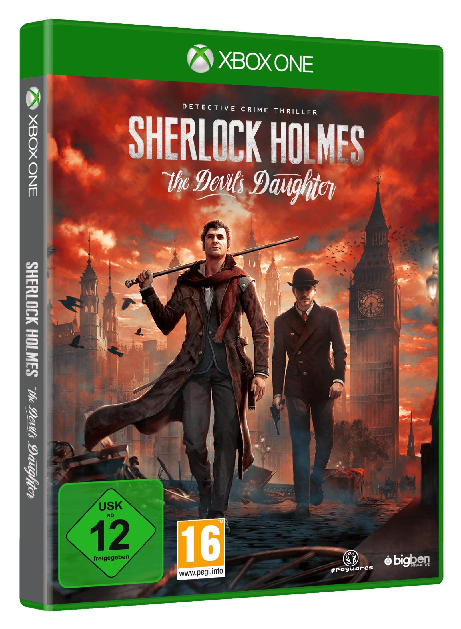 Sherlock Holmes Videospiel-Box-Art mit einem Detektiv und einem großen Gebäude im Hintergrund.