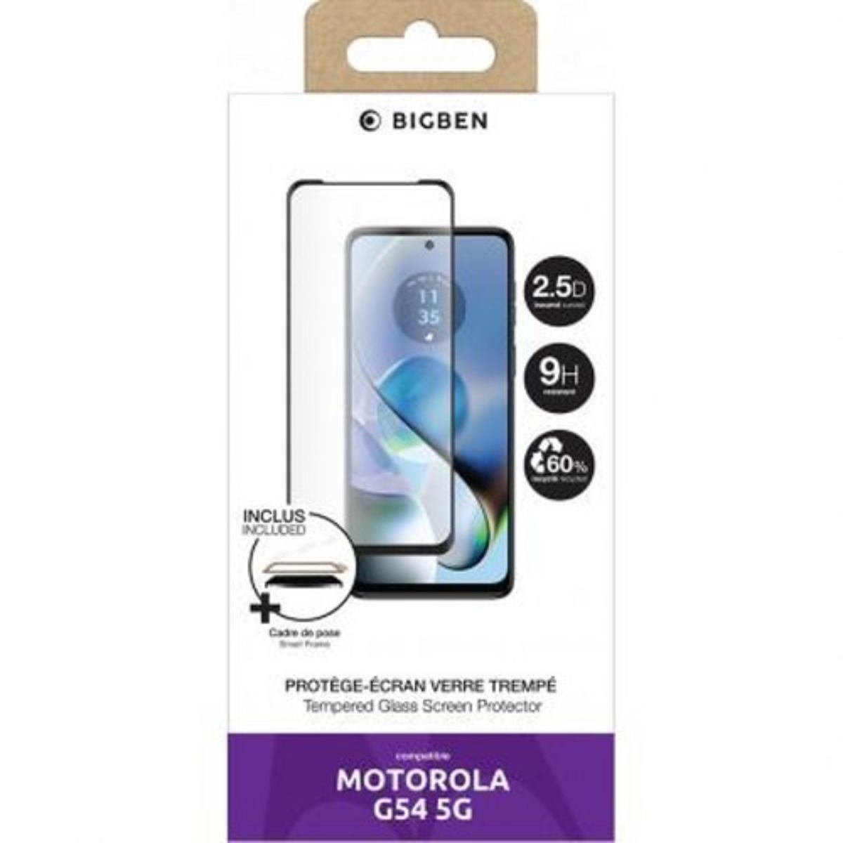 Confezione del proteggi schermo per telefono Motorola G54 5G con immagine del telefono.