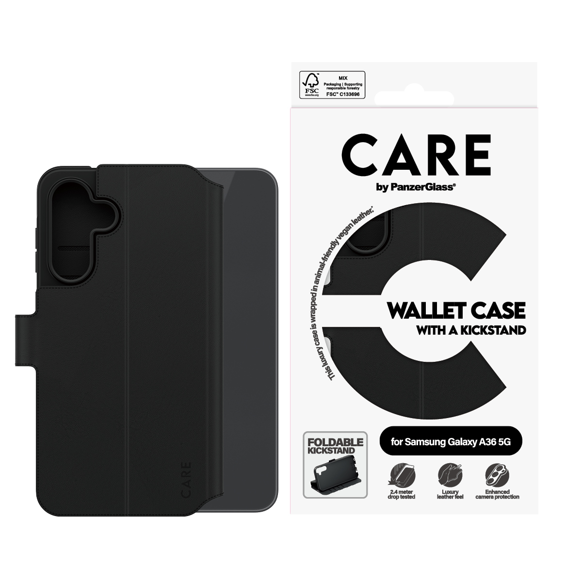 Custodia per telefono nera con cavalletto e scatola. La scatola dice: CARE by PanzerGlass, Custodia a portafoglio, per Samsung A36 5G.