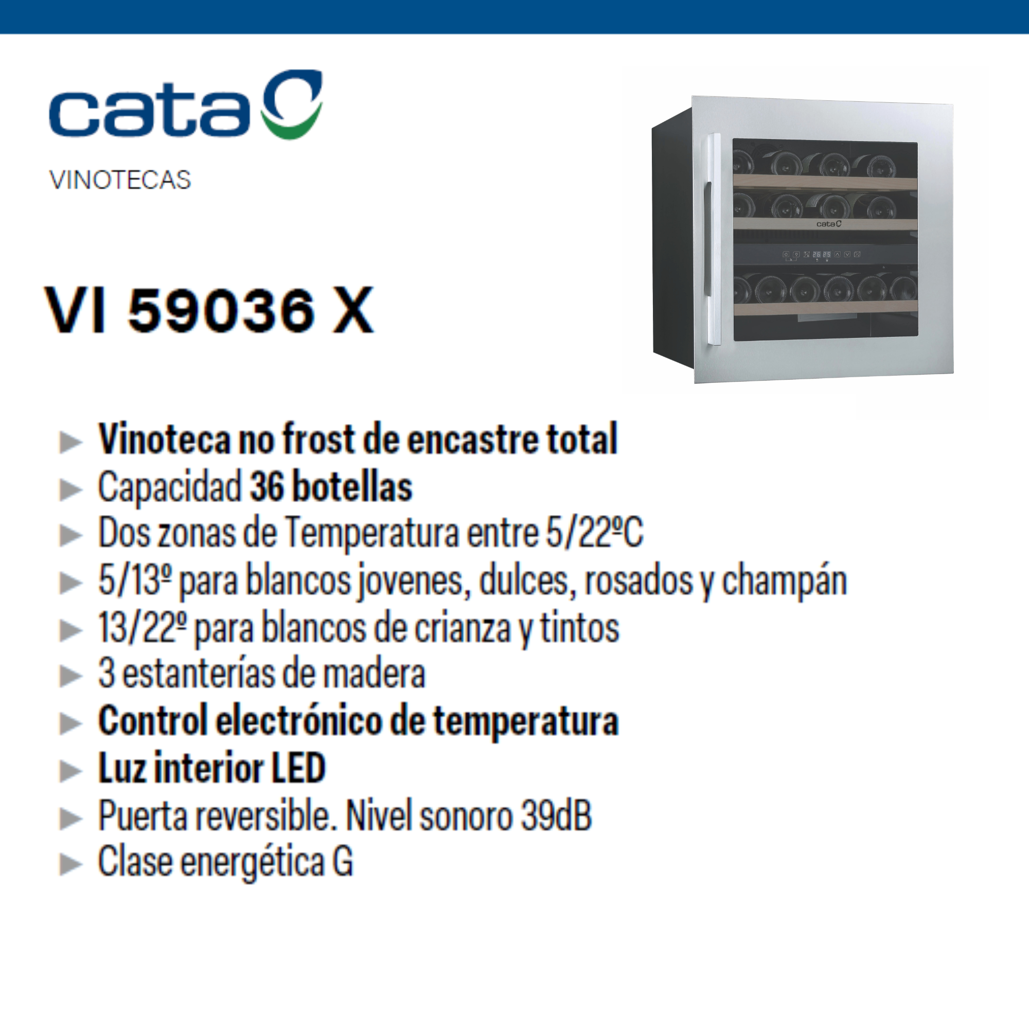 Una vinoteca Cata con texto que describe sus características sobre un fondo blanco.