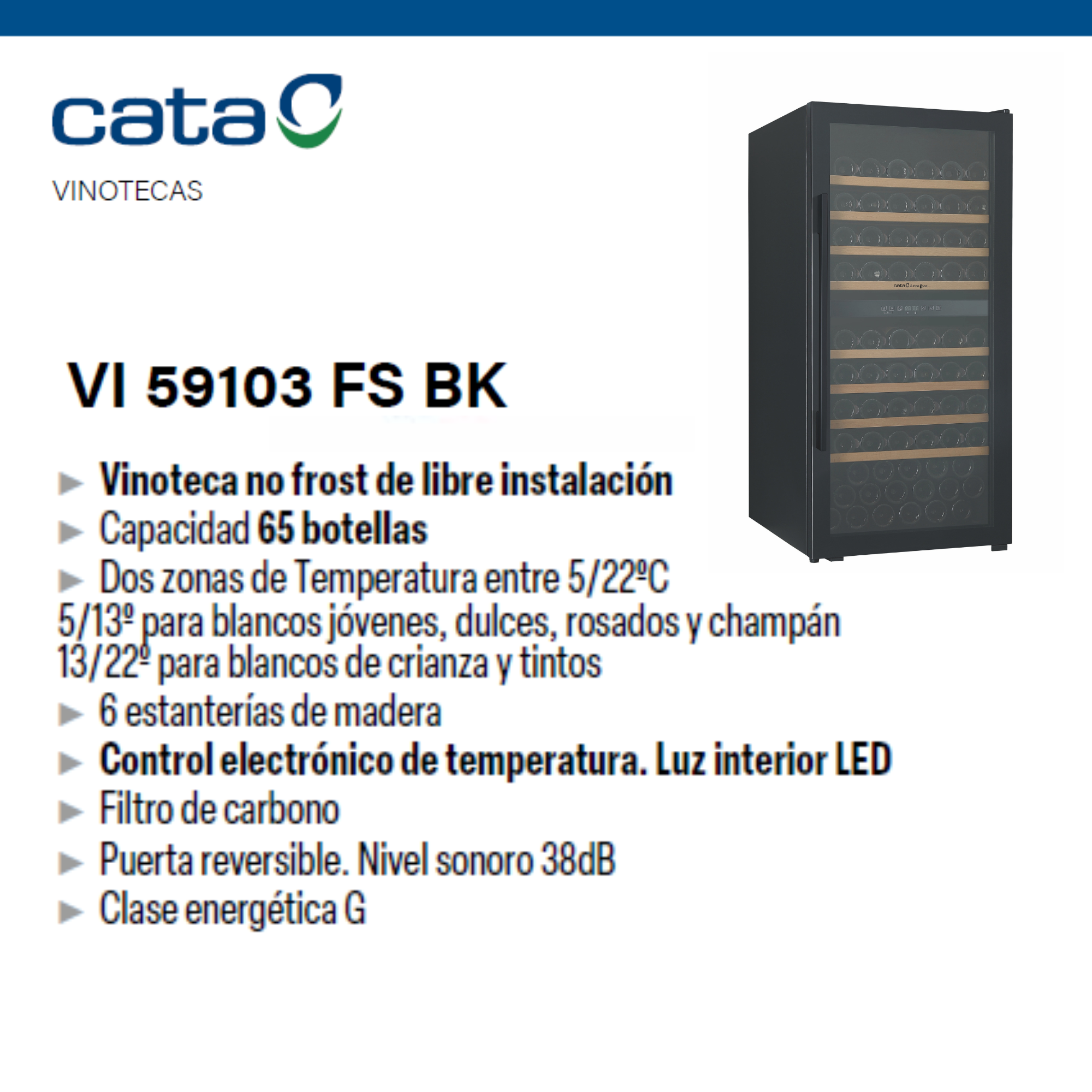 Vinoteca negra con puerta de cristal, estantes de madera, logo Cata y detalles del producto a la izquierda.
