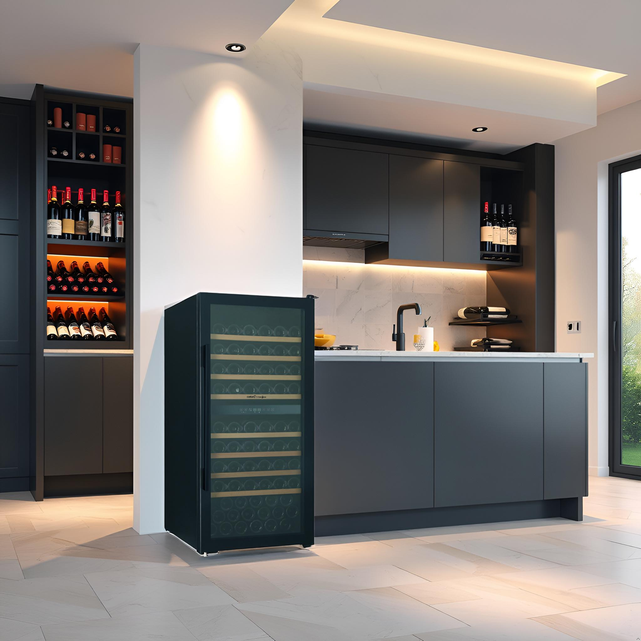 Cocina moderna con vinoteca, armarios gris oscuro y encimera blanca con grifo negro.
