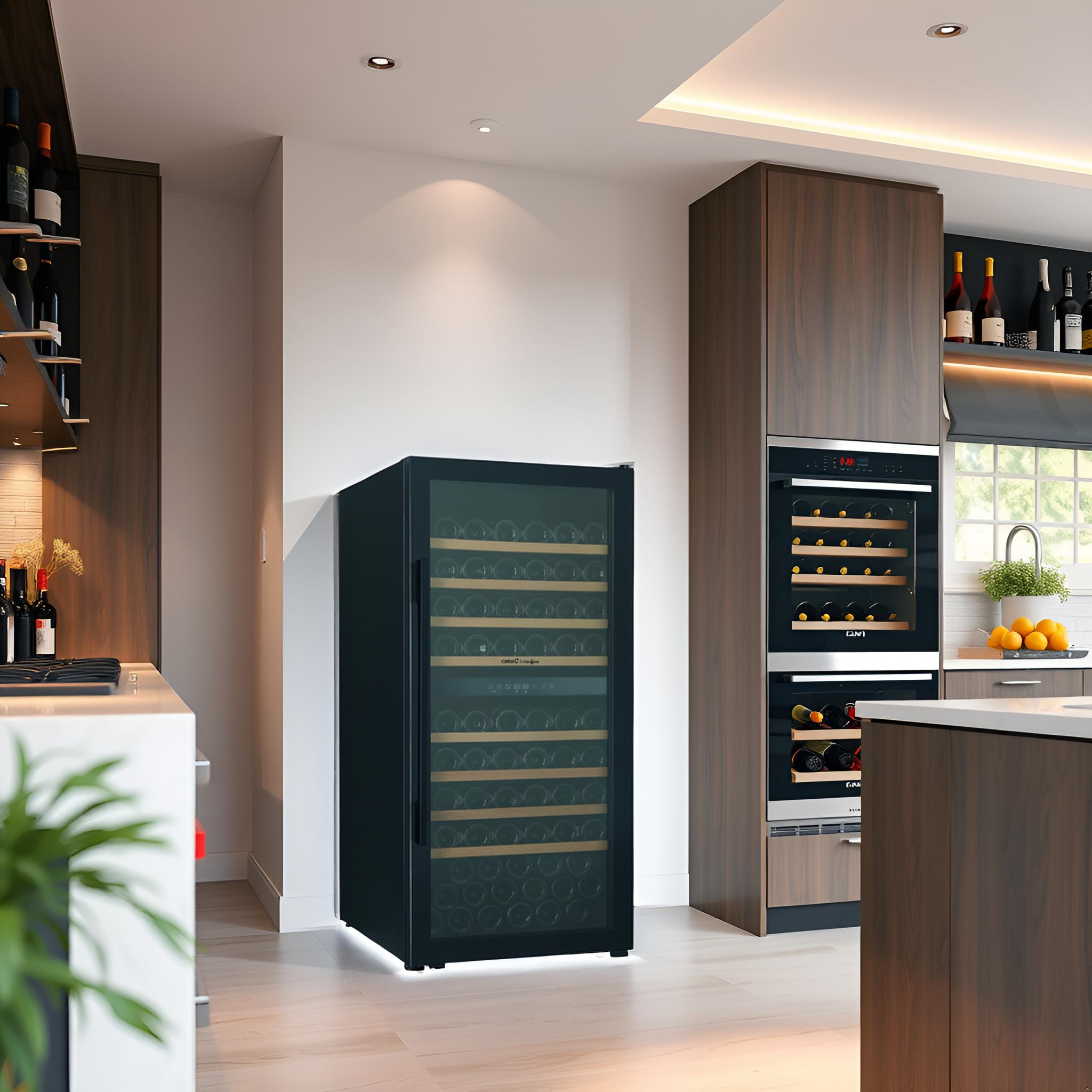 Una cocina moderna con una vinoteca negra en el centro y electrodomésticos empotrados.
