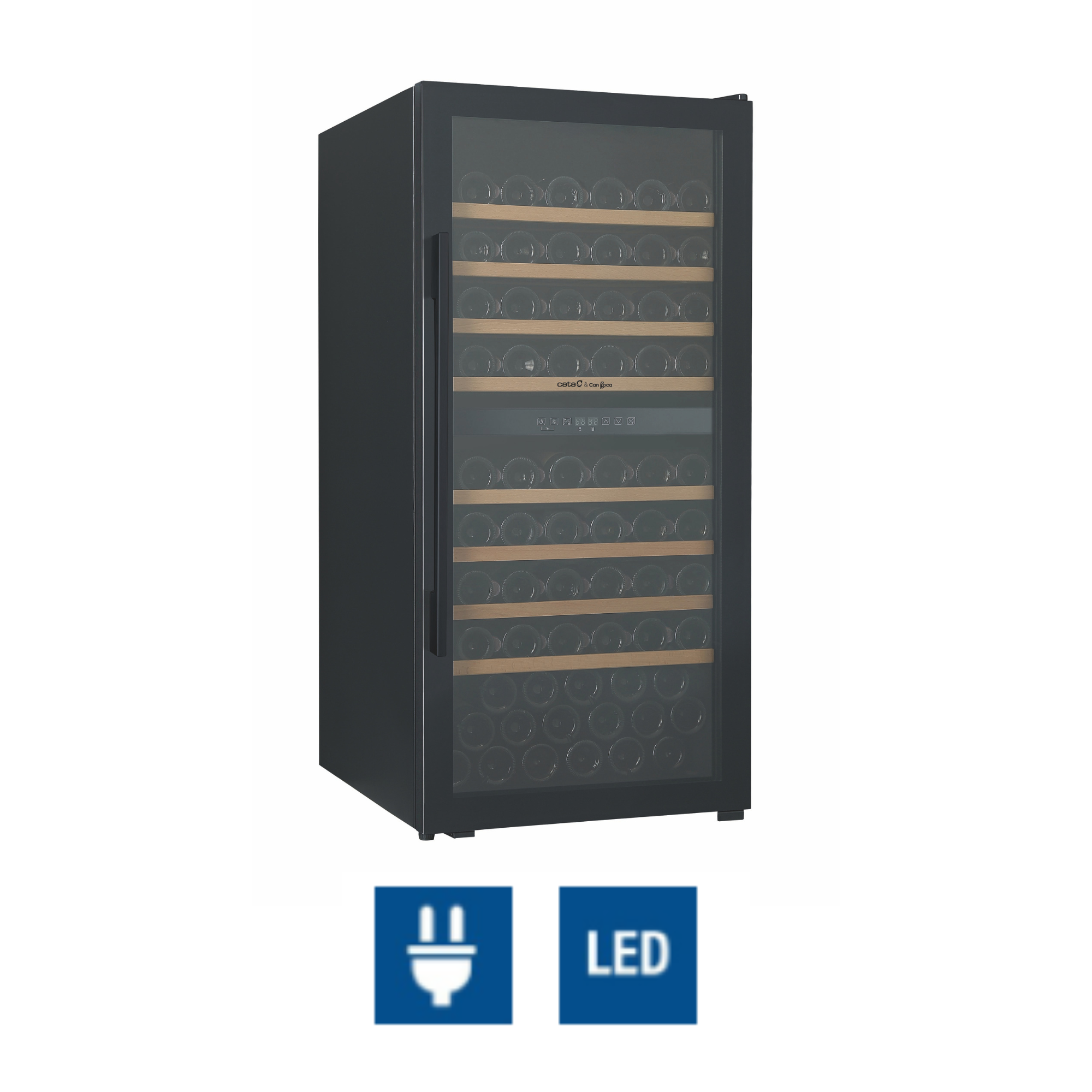 Vinoteca negra con puerta de cristal, estantes de madera y los iconos LED y enchufe en la parte inferior.