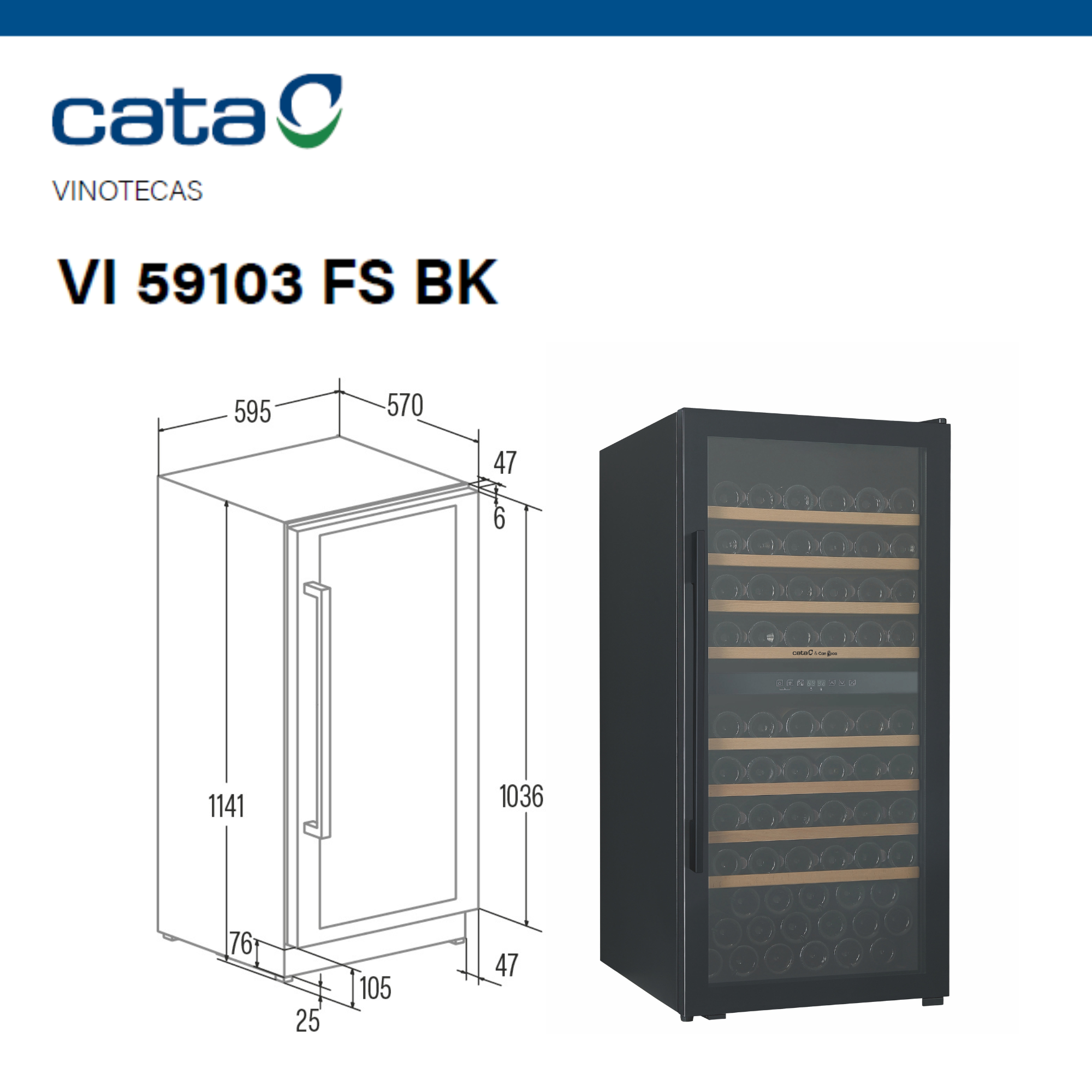 Dibujo técnico de una vinoteca Cata, mostrando dimensiones y el contorno del refrigerador.