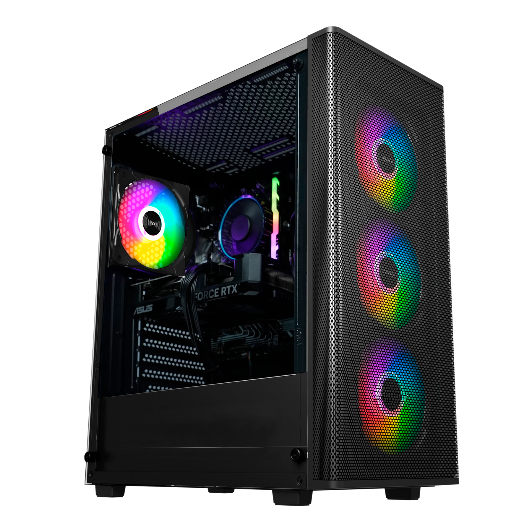 Una caja de PC para juegos negra con ventiladores y luces RGB, sobre un fondo blanco.