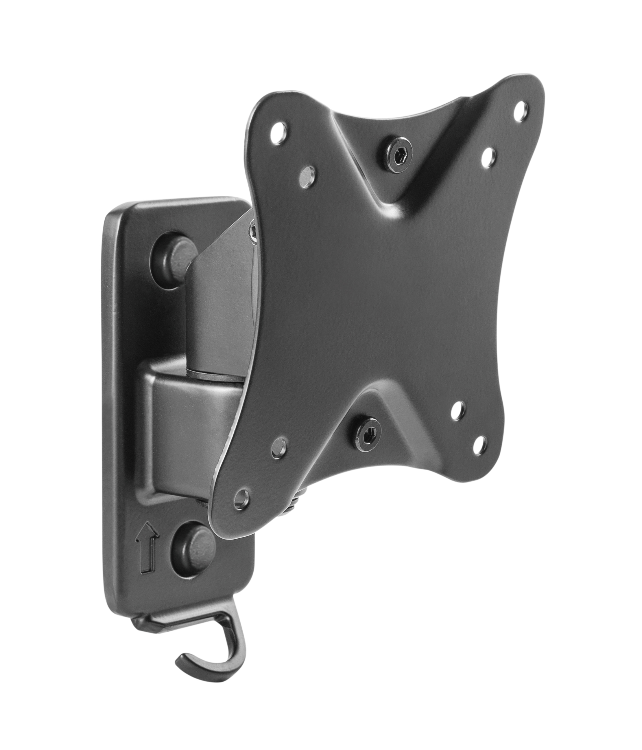 Schwarze TV-Halterung aus Metall mit Drehgelenk.