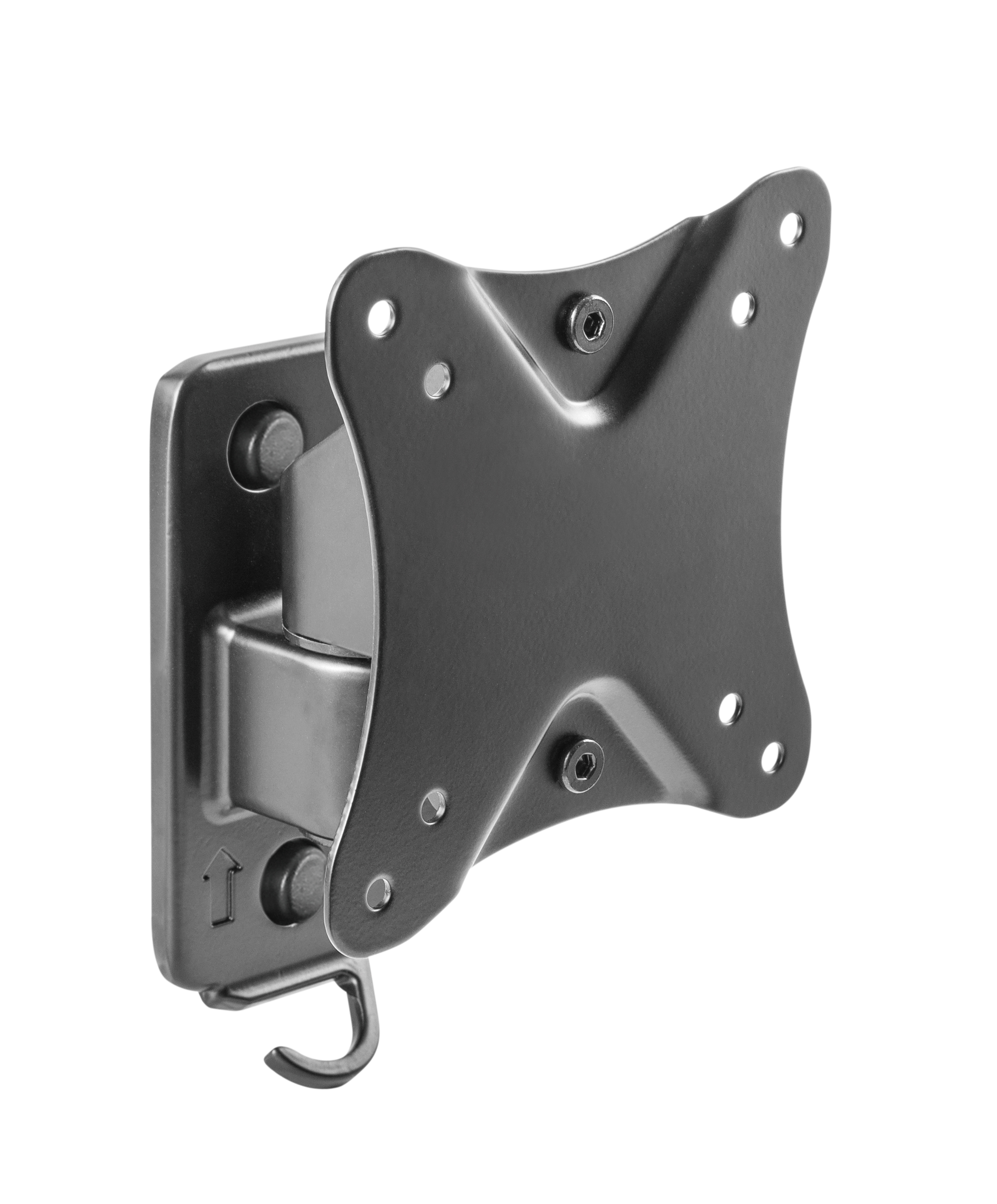 Schwarze TV-Halterung aus Metall mit Drehgelenk.