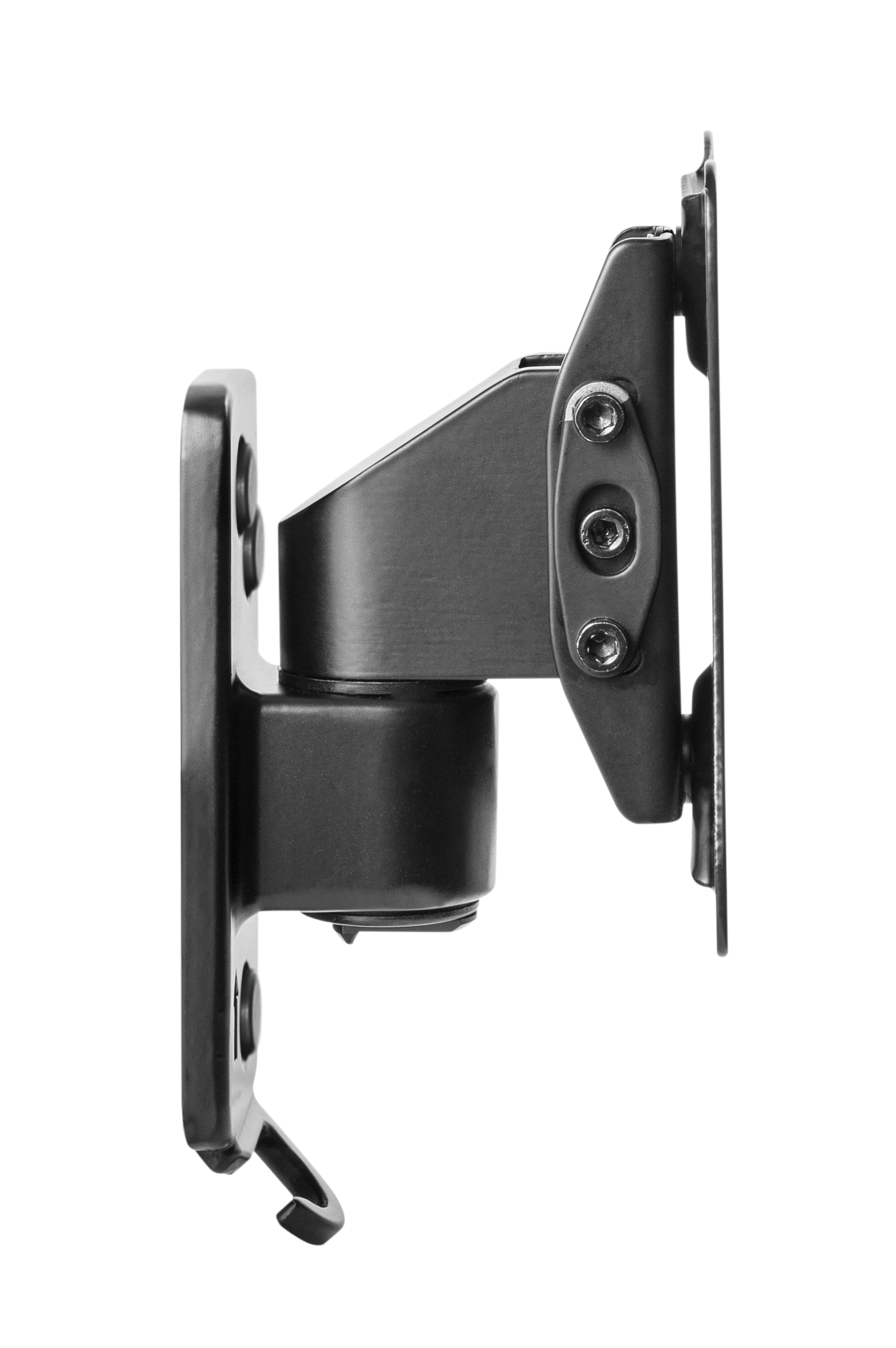 Schwarze TV-Halterung aus Metall mit Drehgelenk.