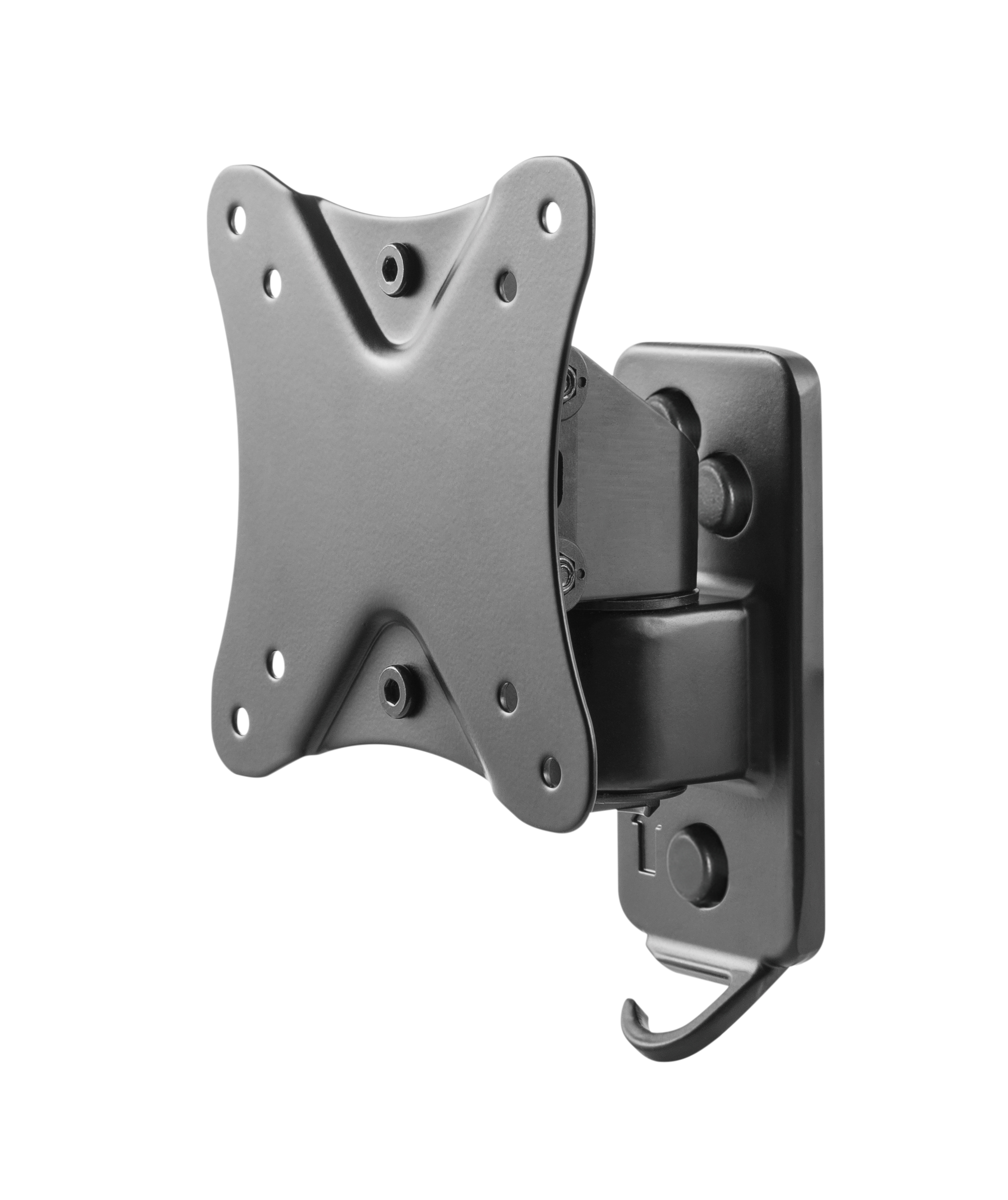 Schwarze TV-Halterung aus Metall mit Drehgelenk.