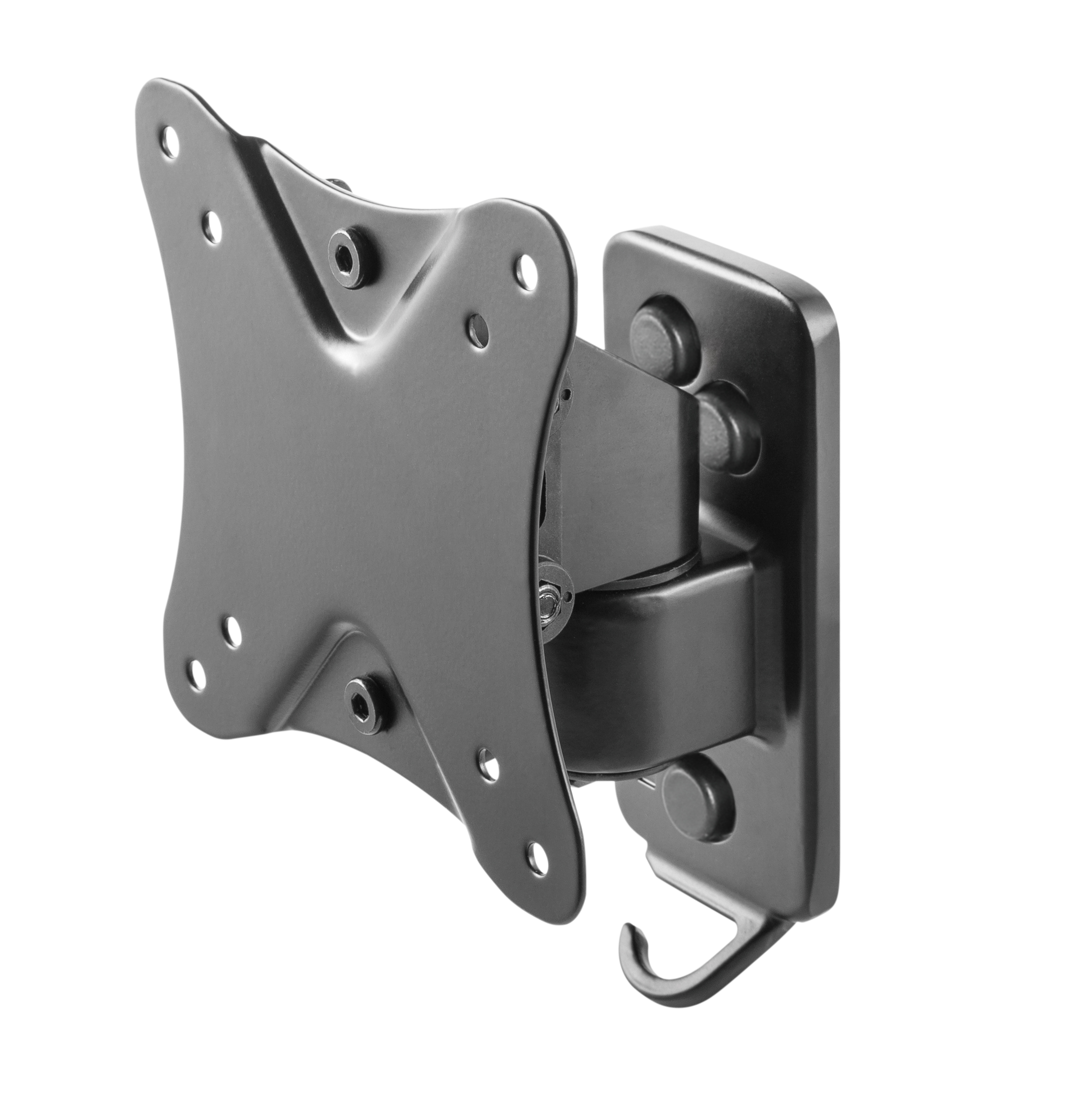 Schwarze TV-Halterung aus Metall mit Drehgelenk.