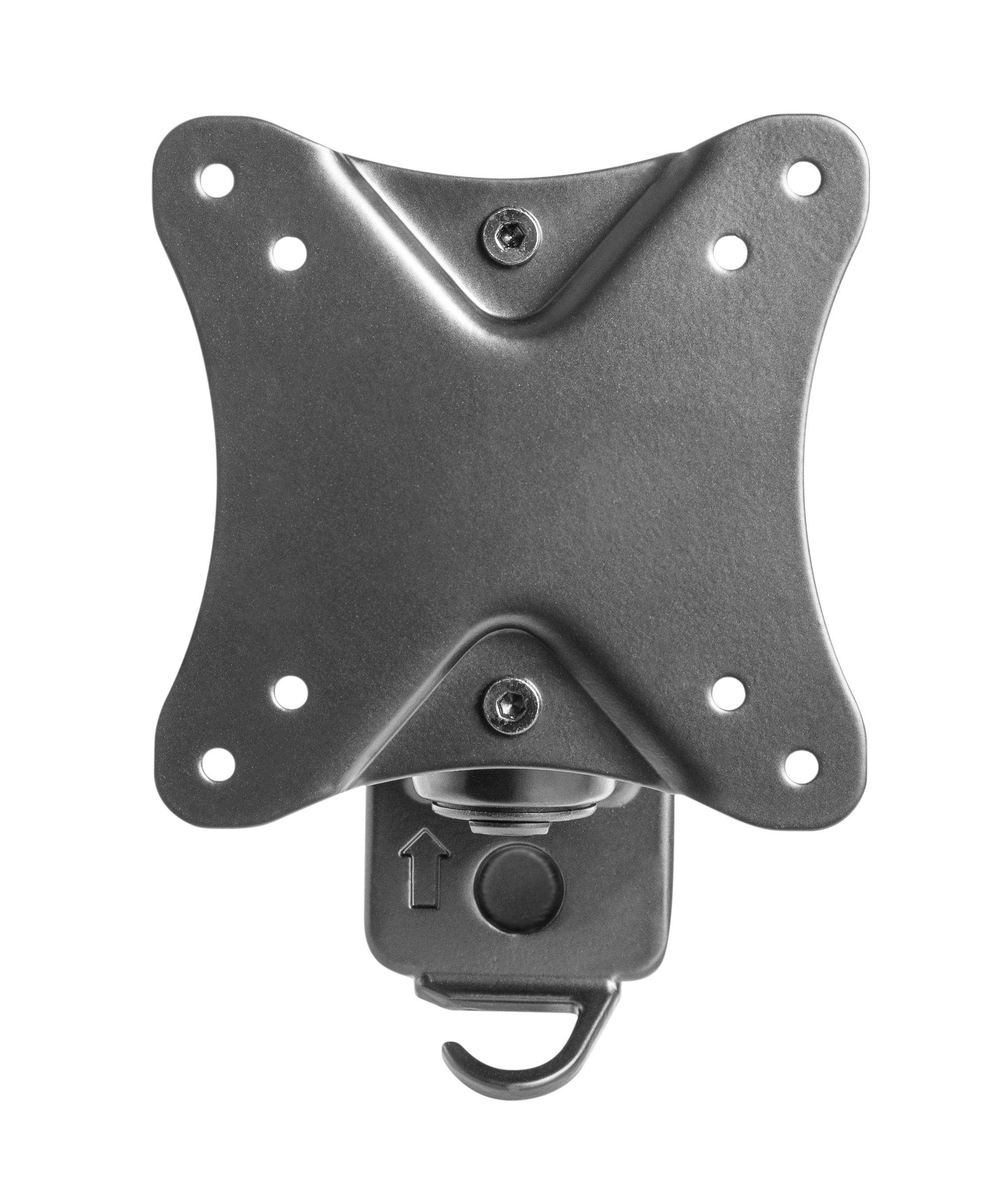 Schwarze TV-Halterung aus Metall mit Drehgelenk.