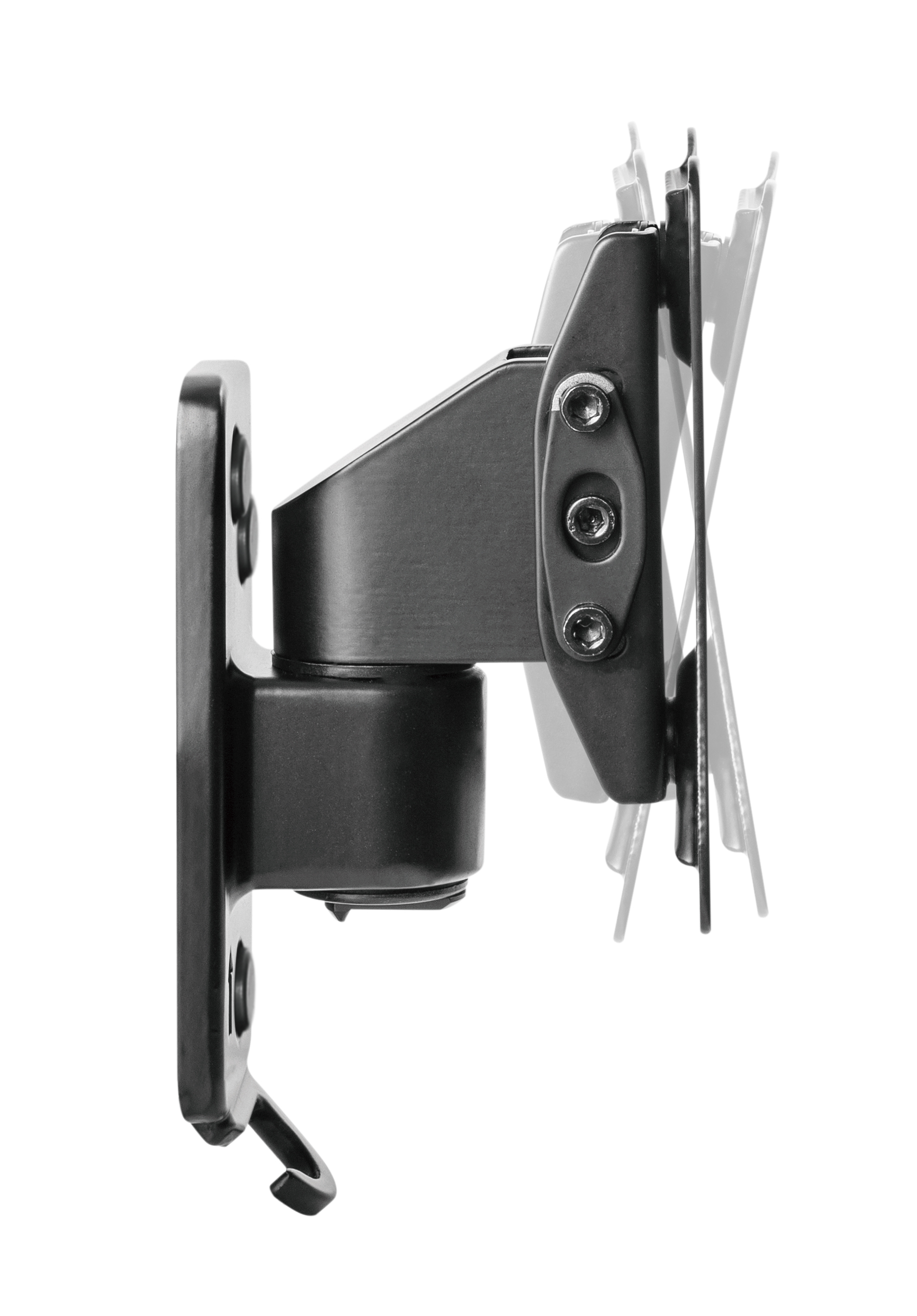 Schwarze TV-Halterung aus Metall mit Drehgelenk.