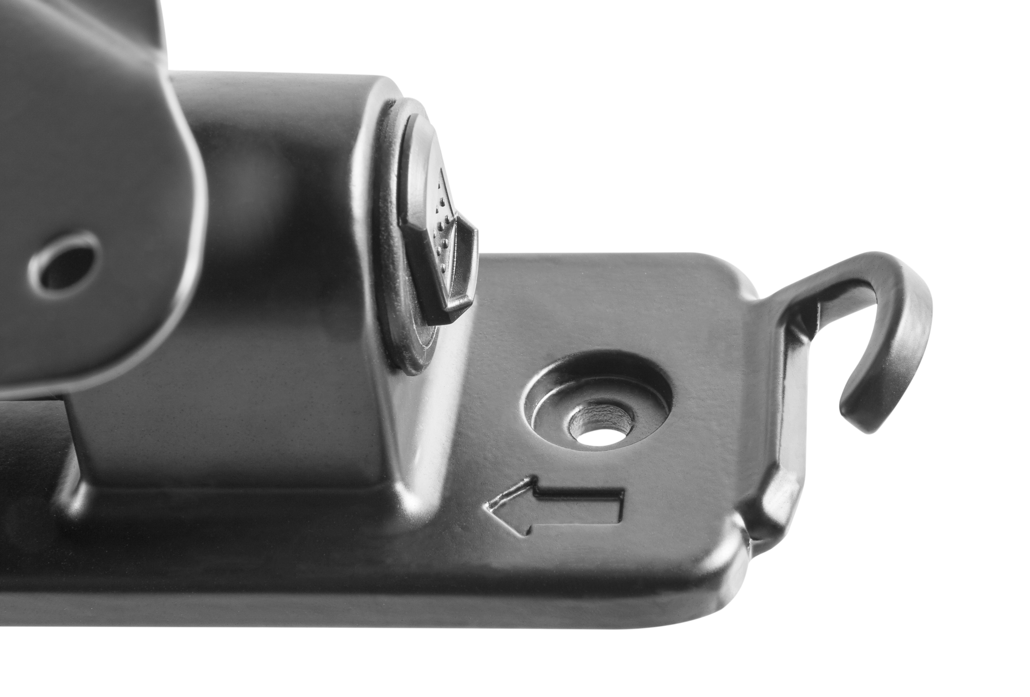 Close-up of a metal hinge. Shows a bolt, arrow, and a hook-shaped element.