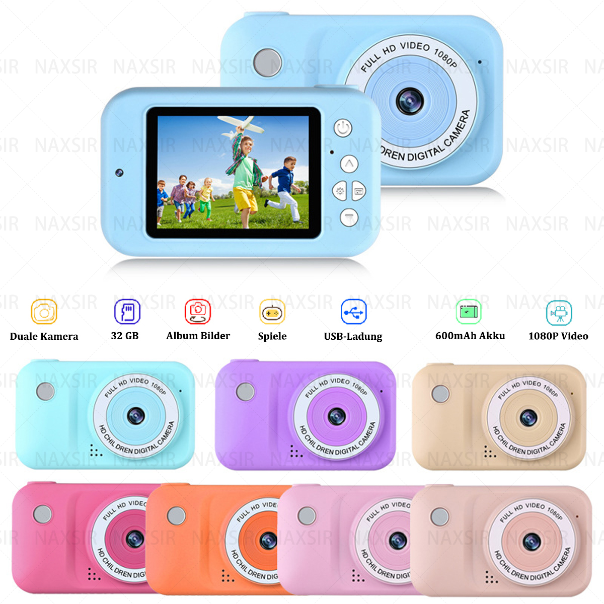 Varie fotocamere per bambini colorate visualizzate, ciascuna con uno schermo che mostra un'immagine.