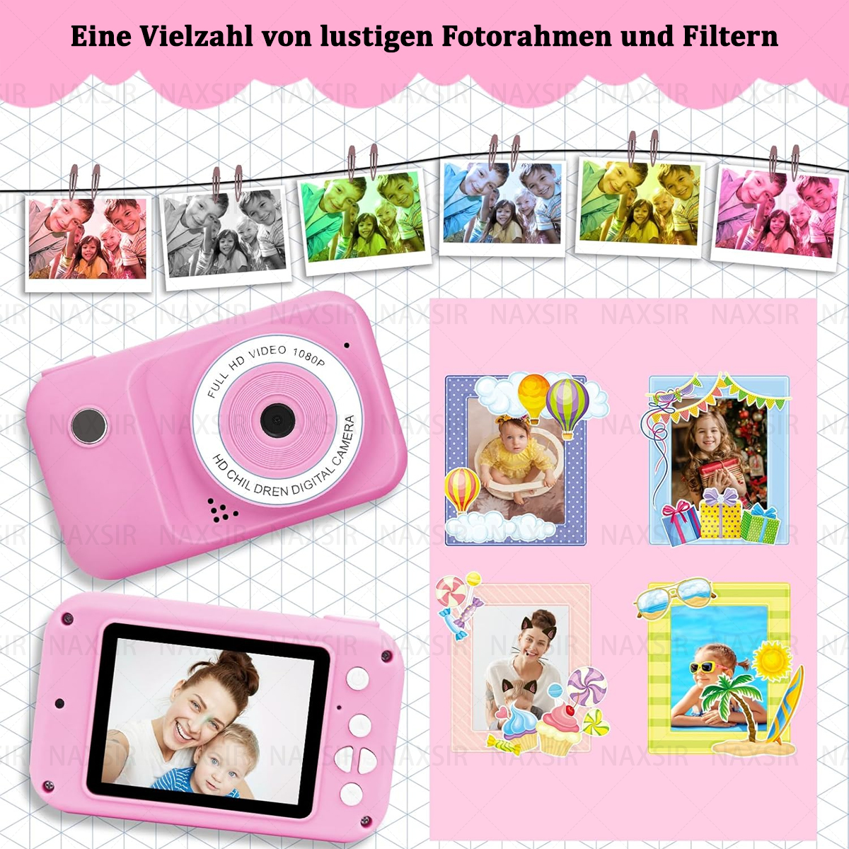 Fotocamera giocattolo rosa con cornici. Ci sono foto di famiglia e bambini. Lo sfondo è bianco.