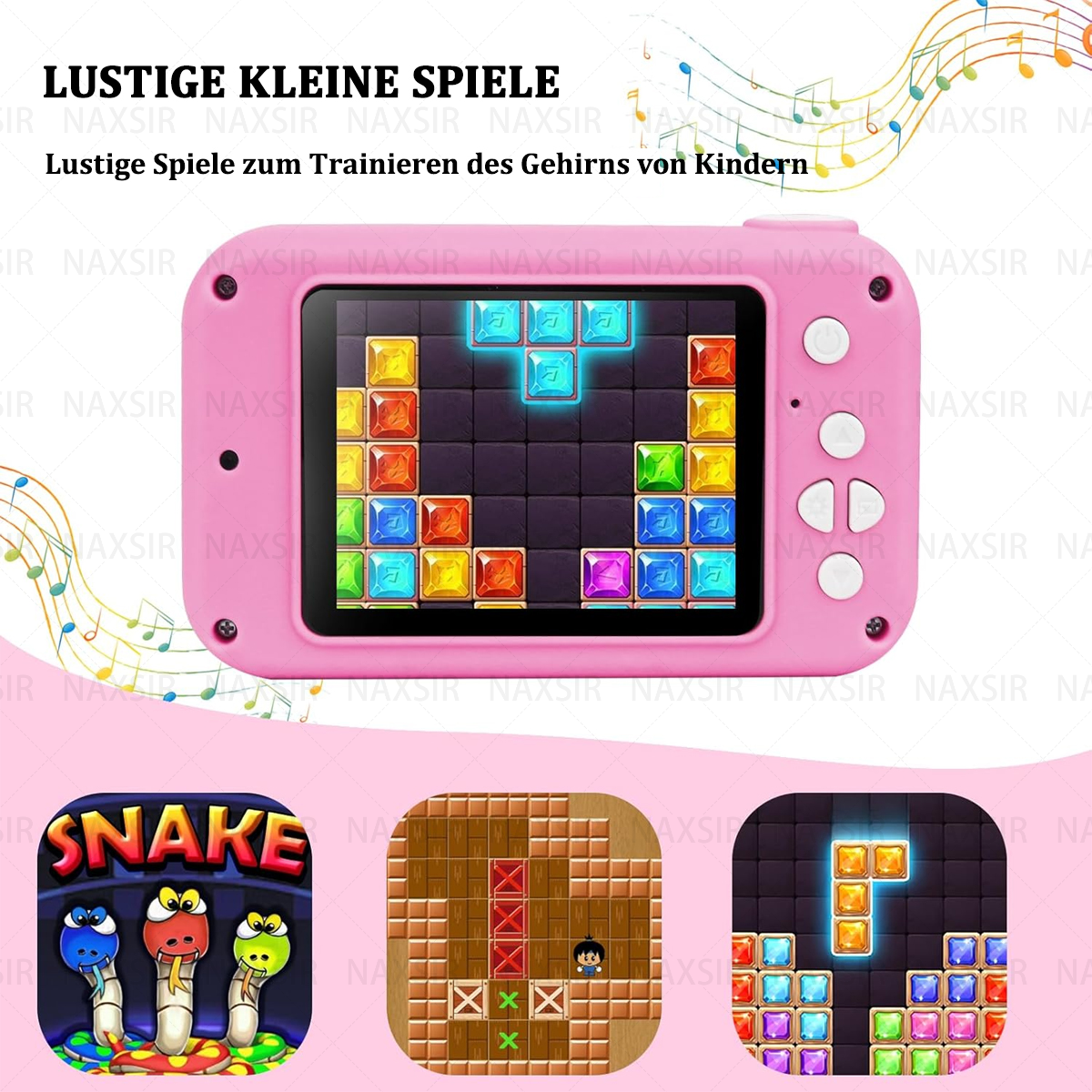 Un giocattolo rosa con uno schermo che mostra un gioco simile a Tetris. Piccole icone di gioco in basso.