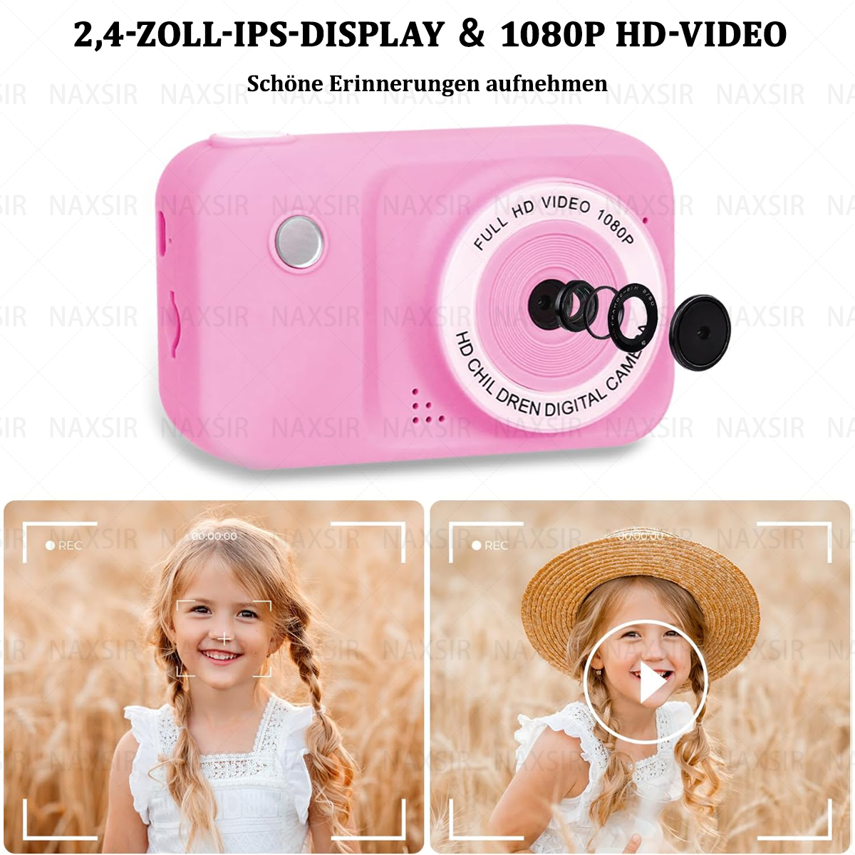 Macchina fotografica giocattolo rosa con immagini. Una ragazza fa foto e sorride. Sfondo bianco.