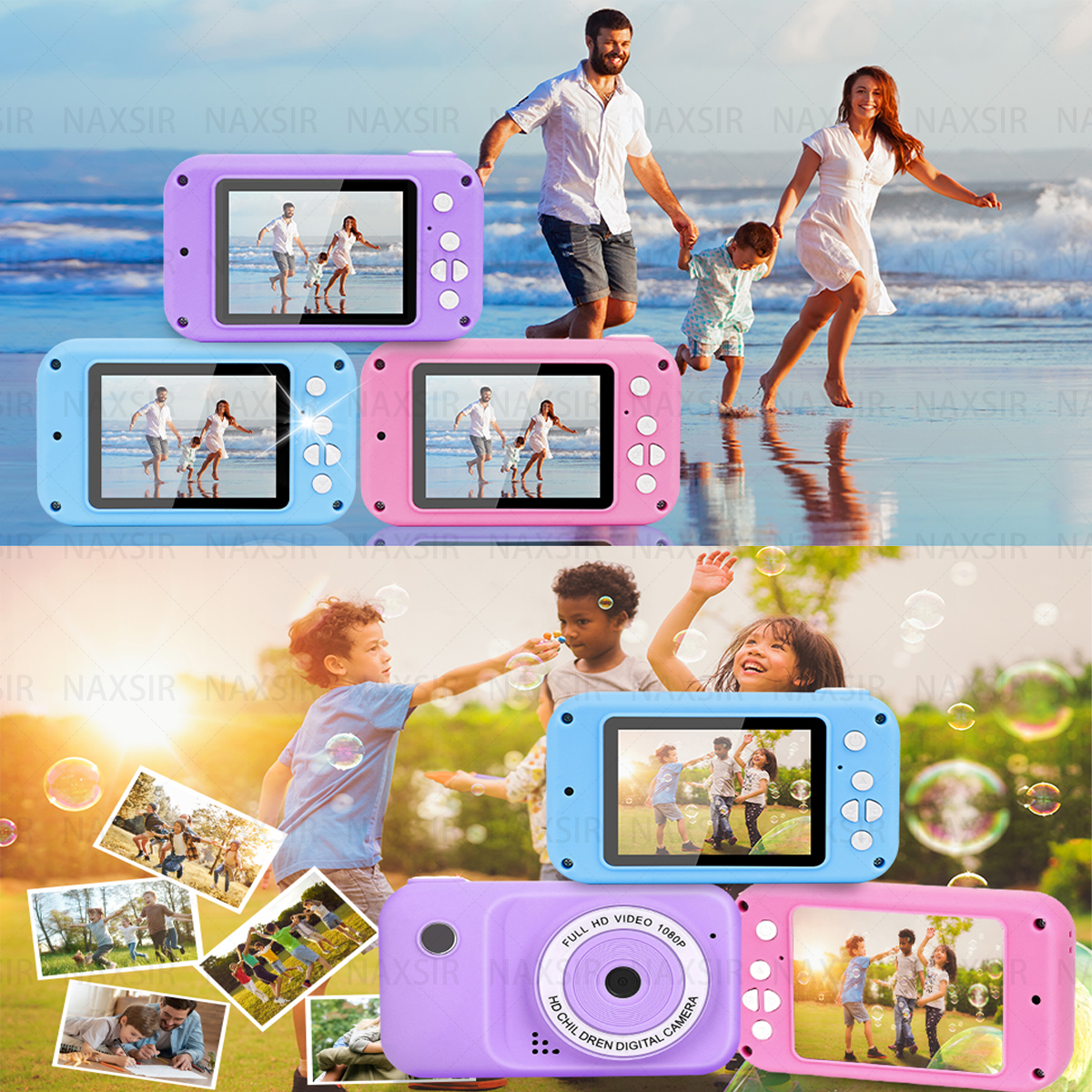 Fotocamere con immagini di famiglia. Le fotocamere sono rosa, blu e viola. Sfondo bianco.
