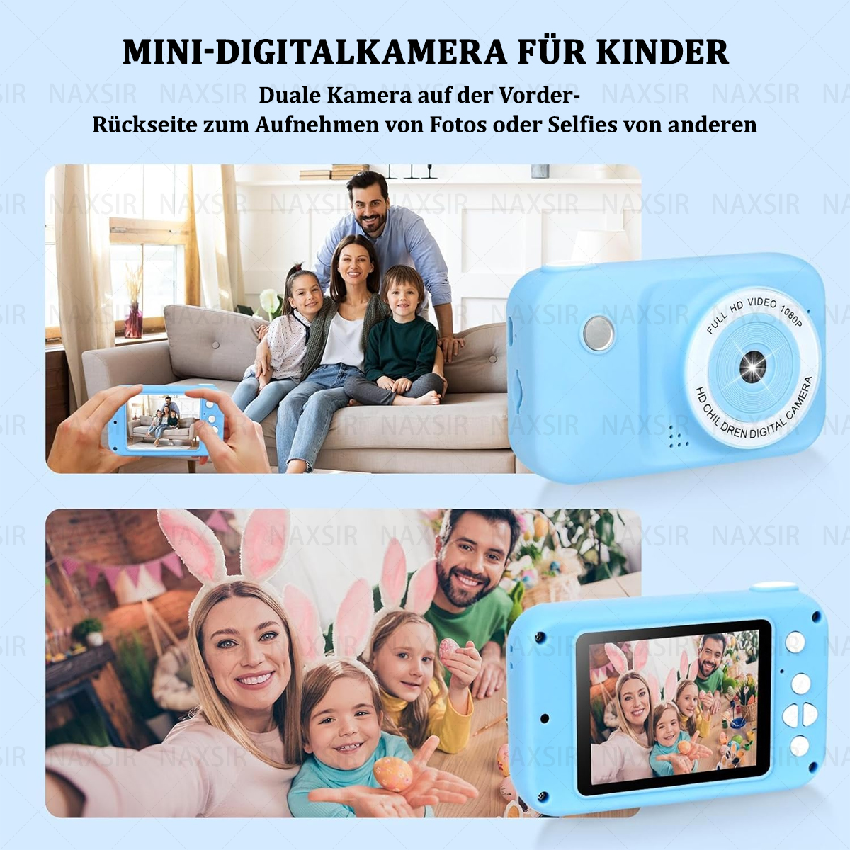 Una fotocamera blu per bambini. Foto di famiglie, una fotocamera frontale e uno schermo che mostra un'immagine.