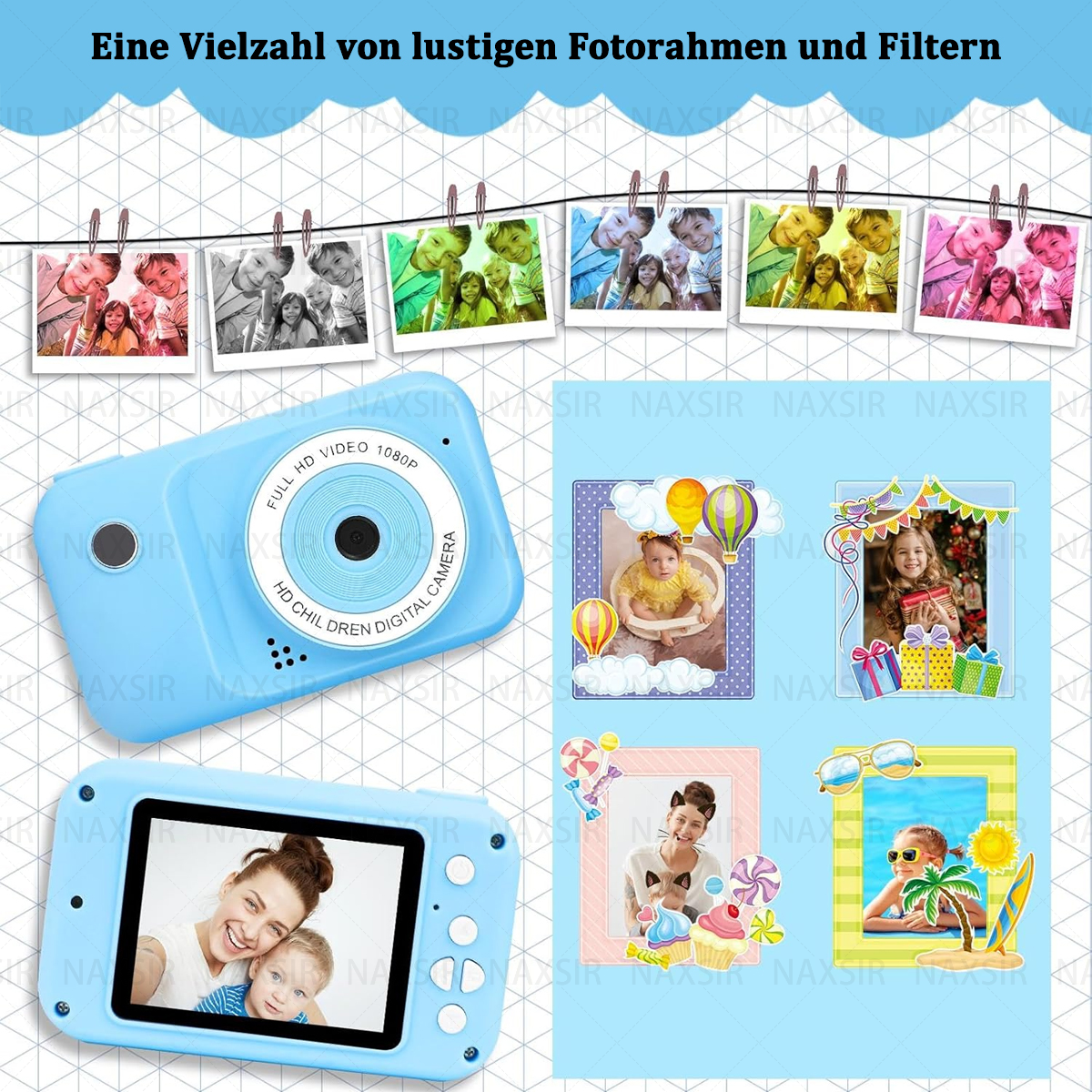 Una fotocamera blu con filtri. Vengono mostrate varie foto con cornici. La fotocamera stessa è in basso.