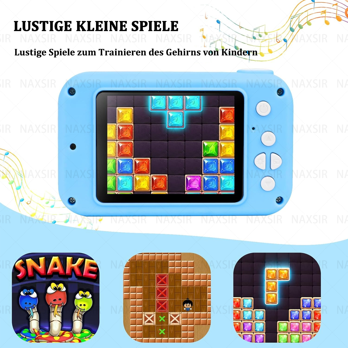 Giocattolo blu con gioco colorato. Ci sono altri tre esempi di gioco. Lo sfondo è bianco.