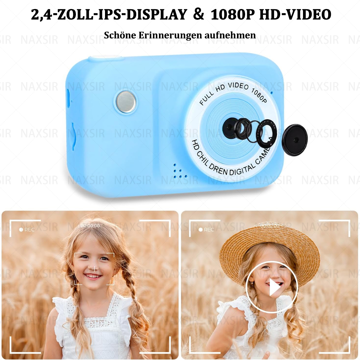 Fotocamera digitale blu con bambino nelle foto. Mostra video HD e un bambino sorridente.