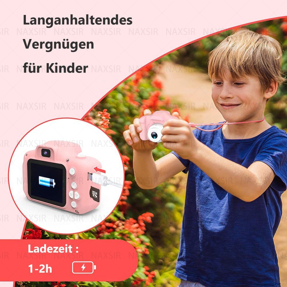 Una fotocamera digitale rosa con un bambino che la tiene in mano. Ha uno schermo con batteria e pulsanti.