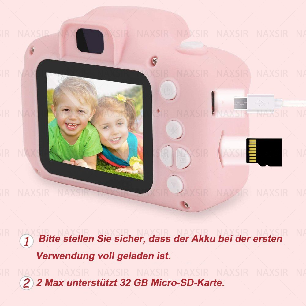 Fotocamera giocattolo rosa con schermo e porte. Il testo è in tedesco. Lo sfondo è bianco.