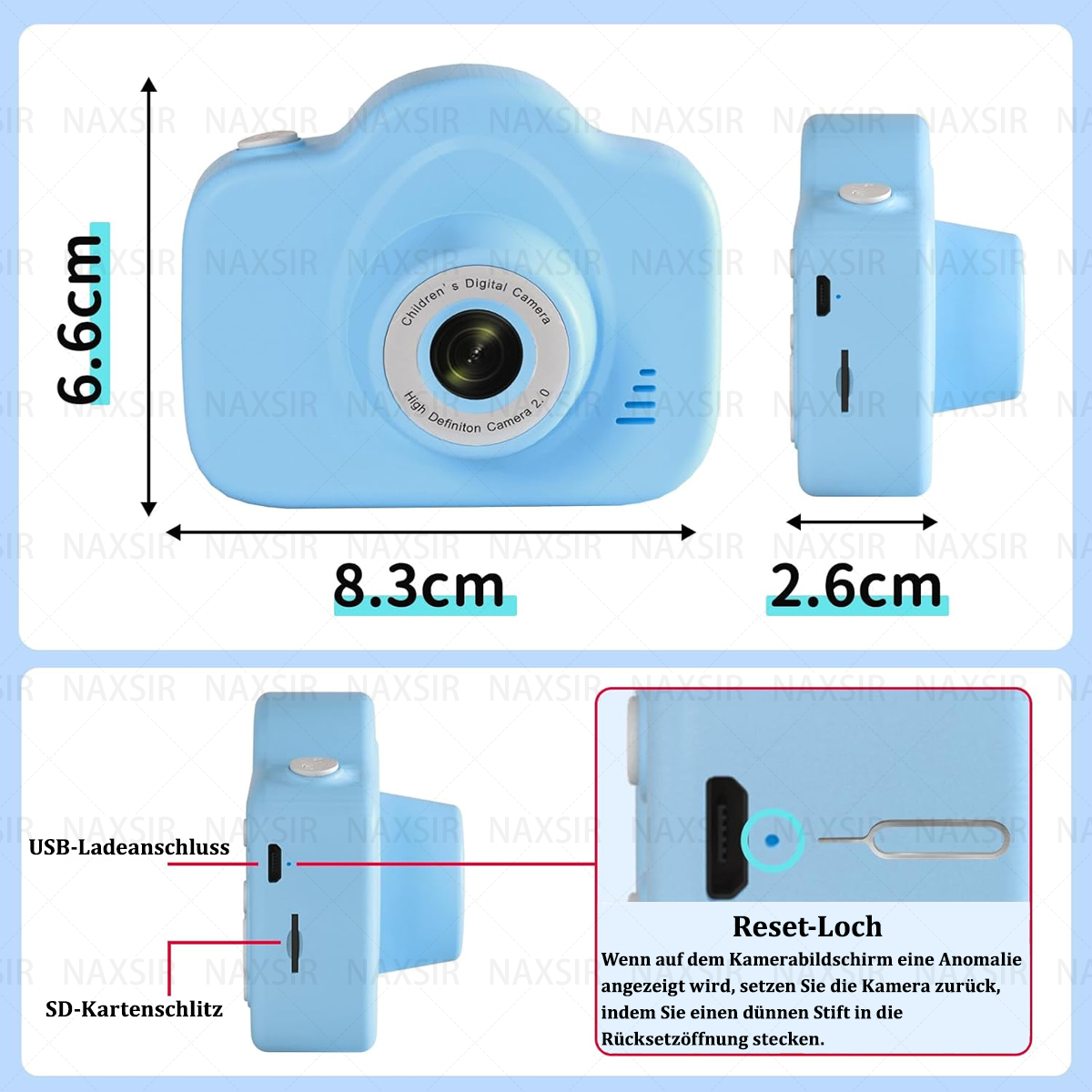Una fotocamera digitale blu. La fotocamera ha le dimensioni. Ha un foro di ripristino e uno slot per scheda SD.