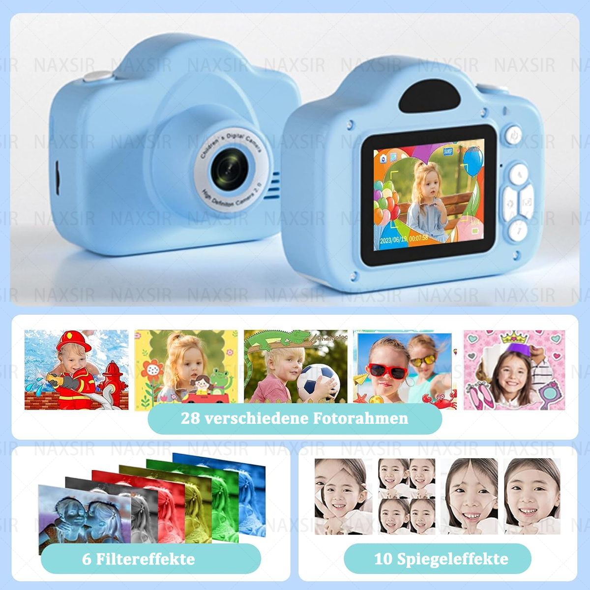 Una fotocamera digitale blu con foto di bambini sullo schermo. Ha effetti filtro e specchio.