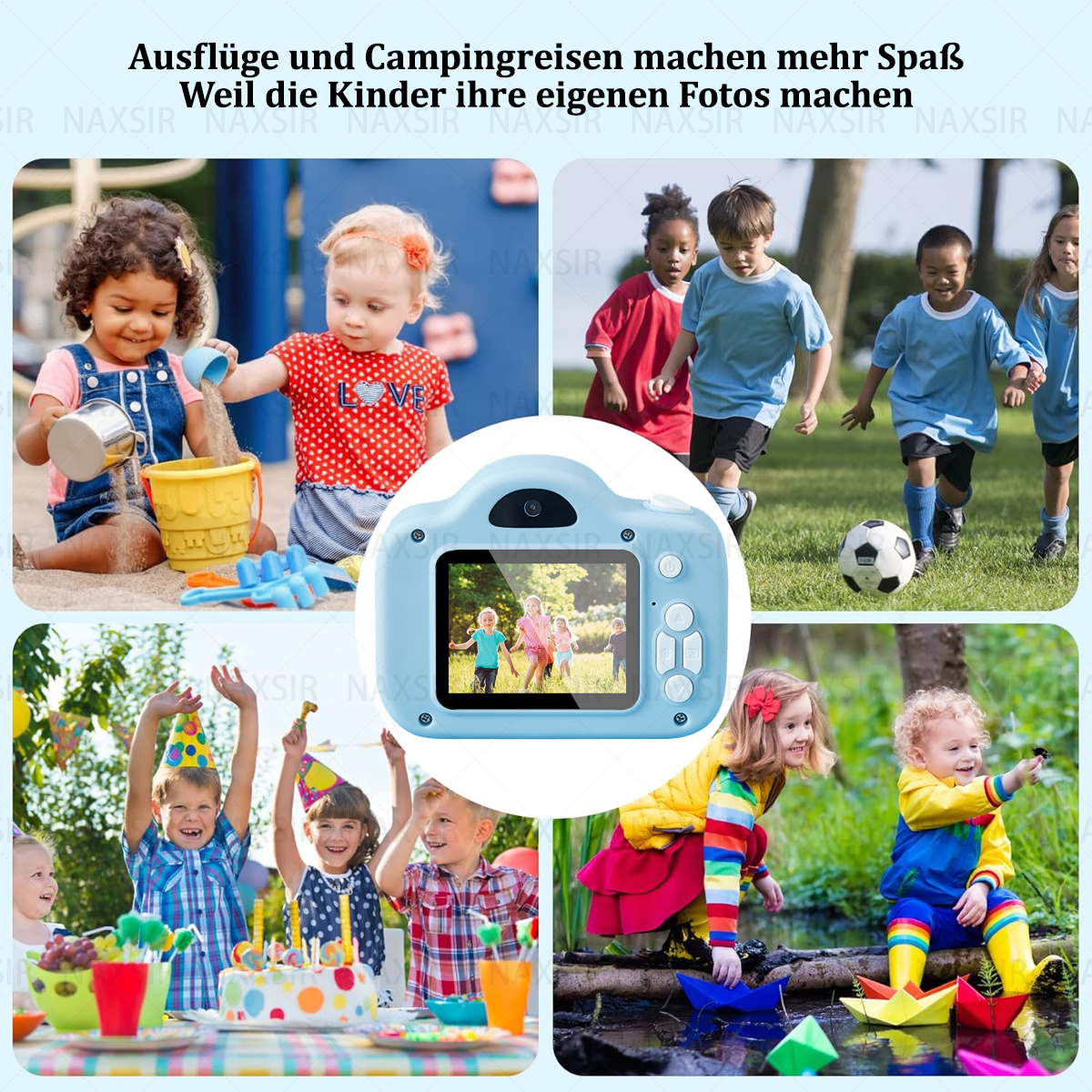 Diversi bambini usano una fotocamera digitale blu e giocano. Ci sono foto dei bambini.