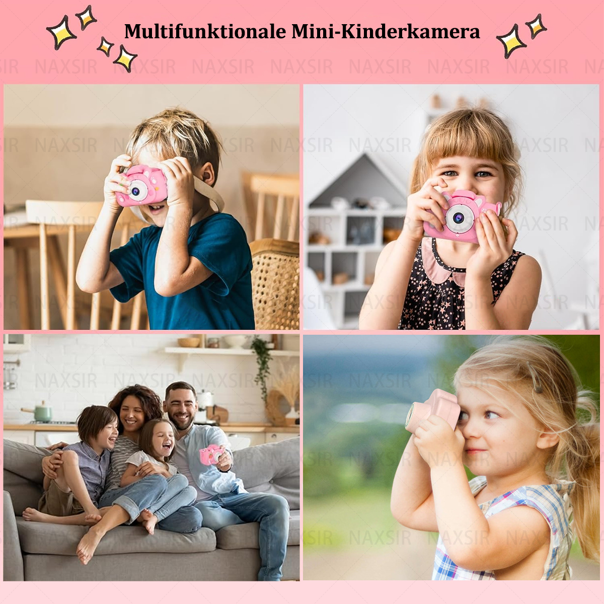Più bambini tengono in mano fotocamere digitali rosa. Stanno scattando foto e sorridono.