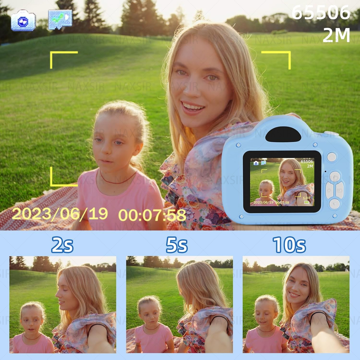 Donna e bambina con fotocamera blu. Tre immagini più piccole mostrano la stessa scena a 2, 5 e 10 secondi.
