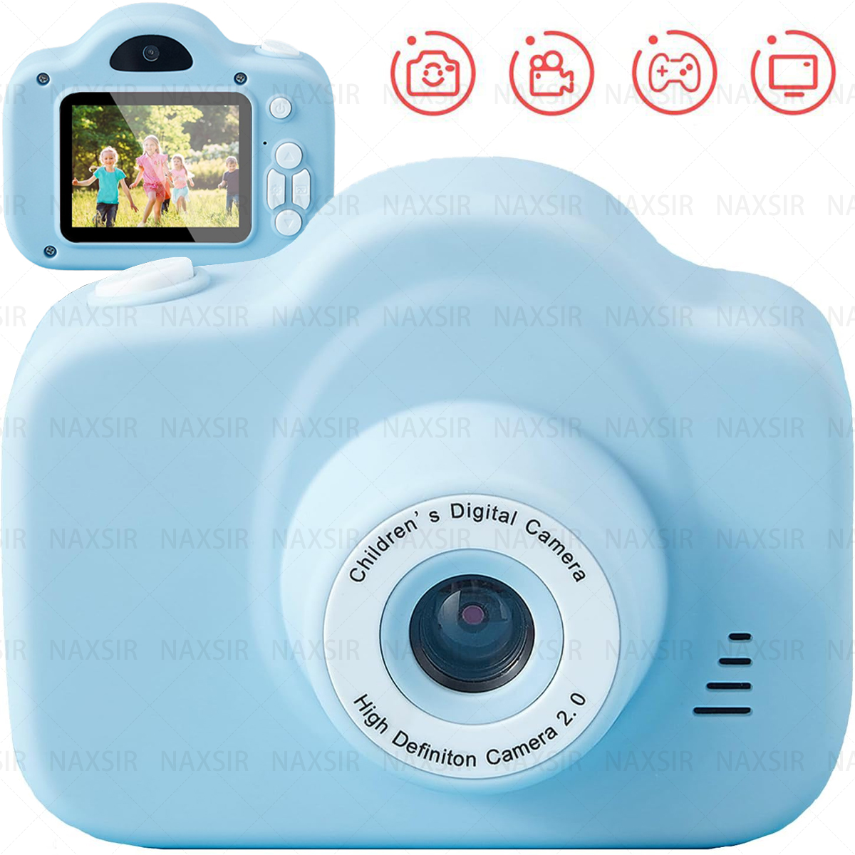 Una fotocamera digitale blu per bambini con uno schermo che mostra una famiglia.