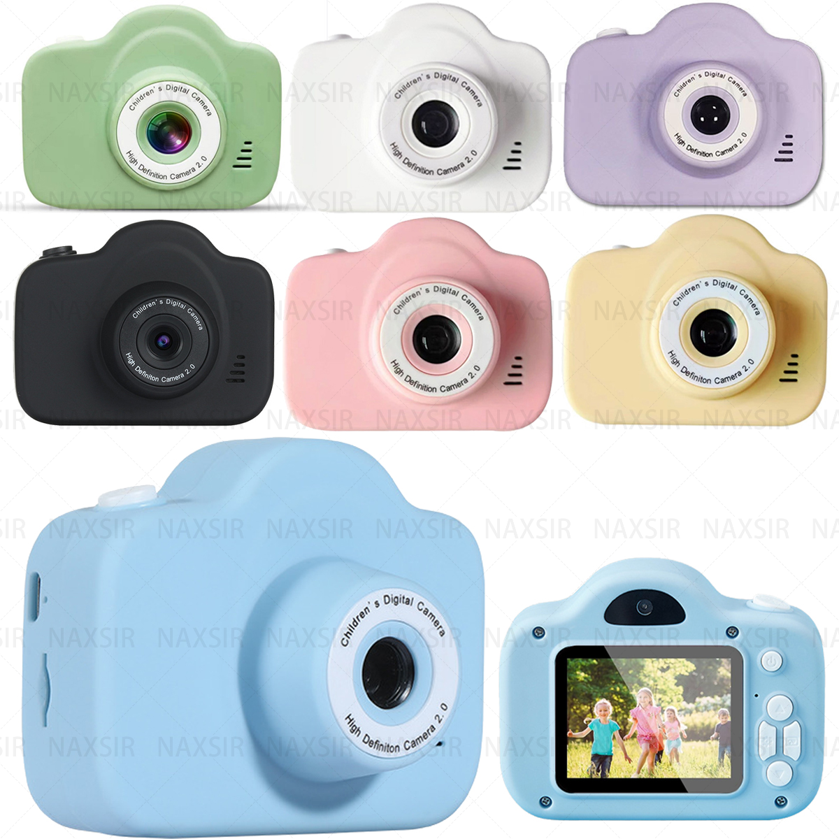 Primo piano di sette fotocamere digitali colorate per bambini. Ogni fotocamera ha un obiettivo e uno schermo.