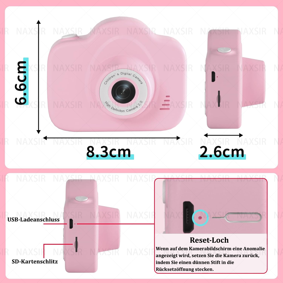 Una fotocamera digitale rosa. La fotocamera ha le dimensioni. Ha un foro di ripristino e uno slot per scheda SD.