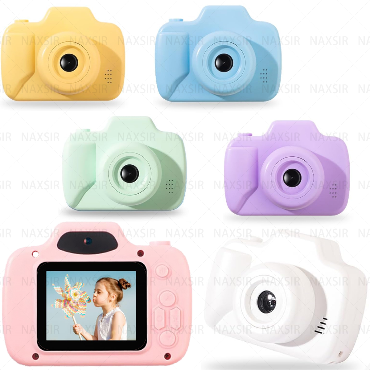 Diverse fotocamere per bambini in diversi colori, giallo, blu, verde, viola e bianco.