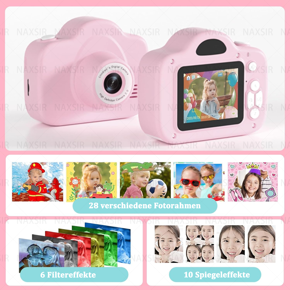 Una fotocamera rosa per bambini con più cornici per foto, effetti filtro ed effetti specchio.