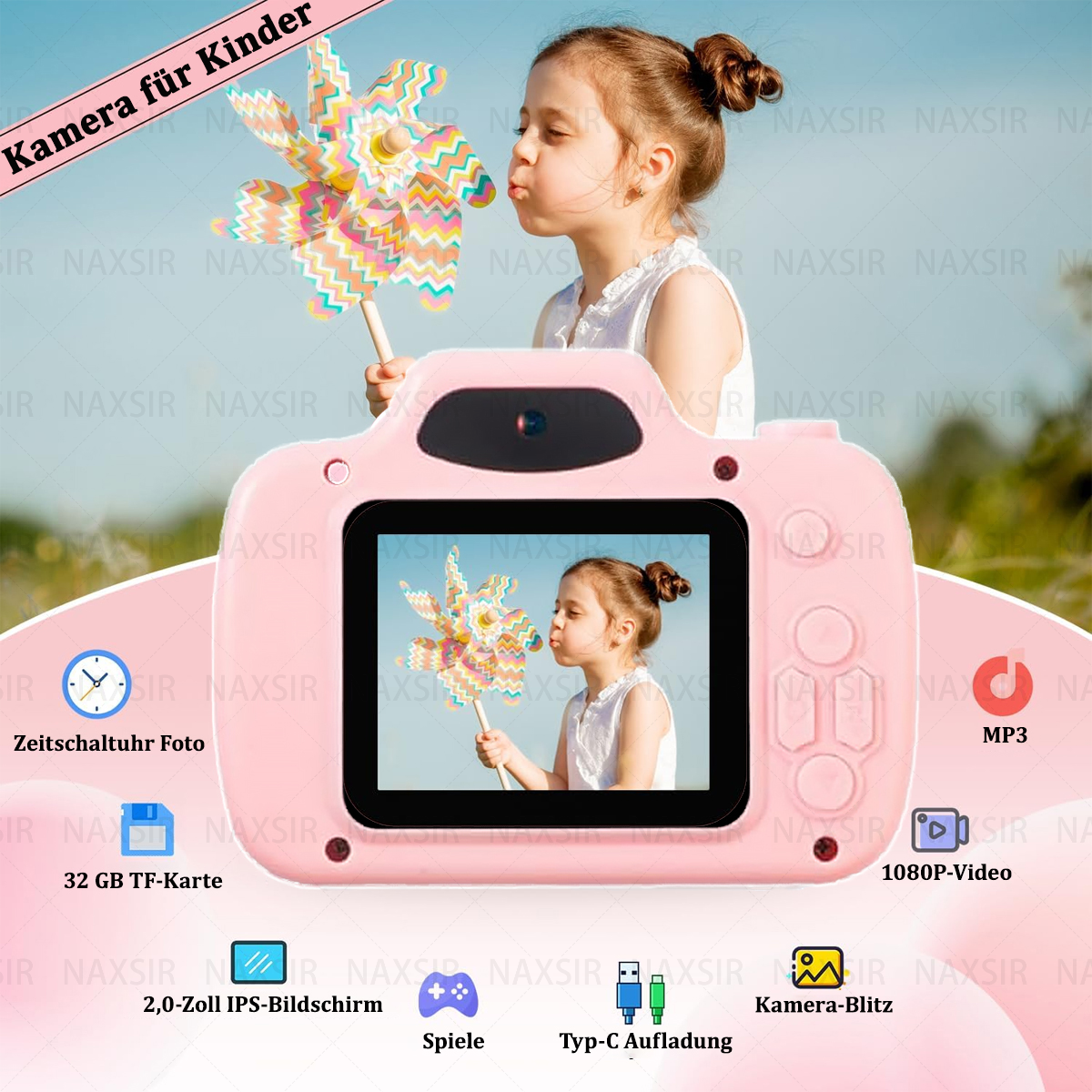 Eine rosa Kinderkamera mit einem Mädchen, das auf dem Bildschirm ein Windrad anbläst.
