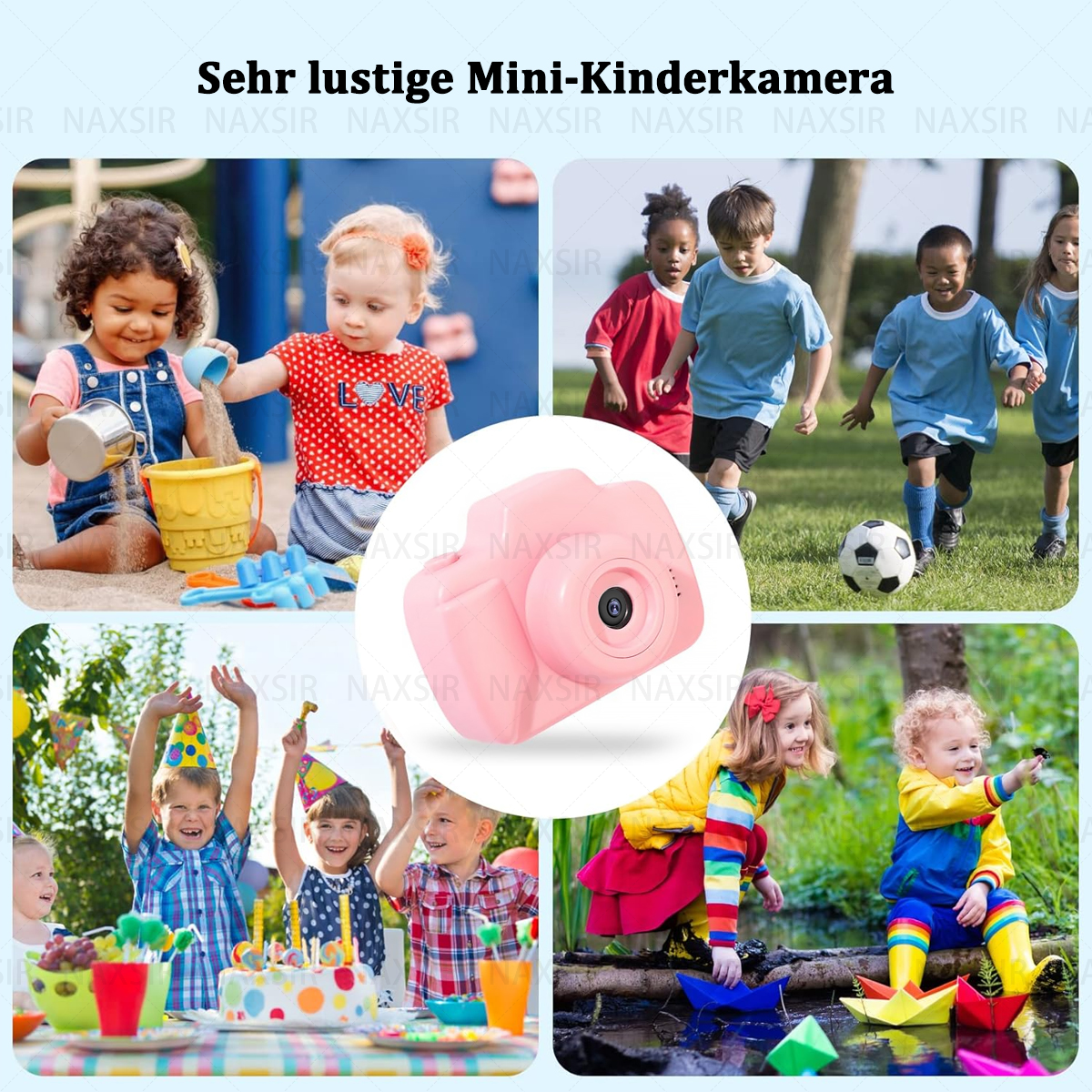 Eine rosa Kamera, umgeben von Bildern von Kindern, die mit Sand spielen, rennen und Kuchen essen.